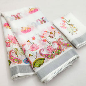 White Digital Printed Linen Saree