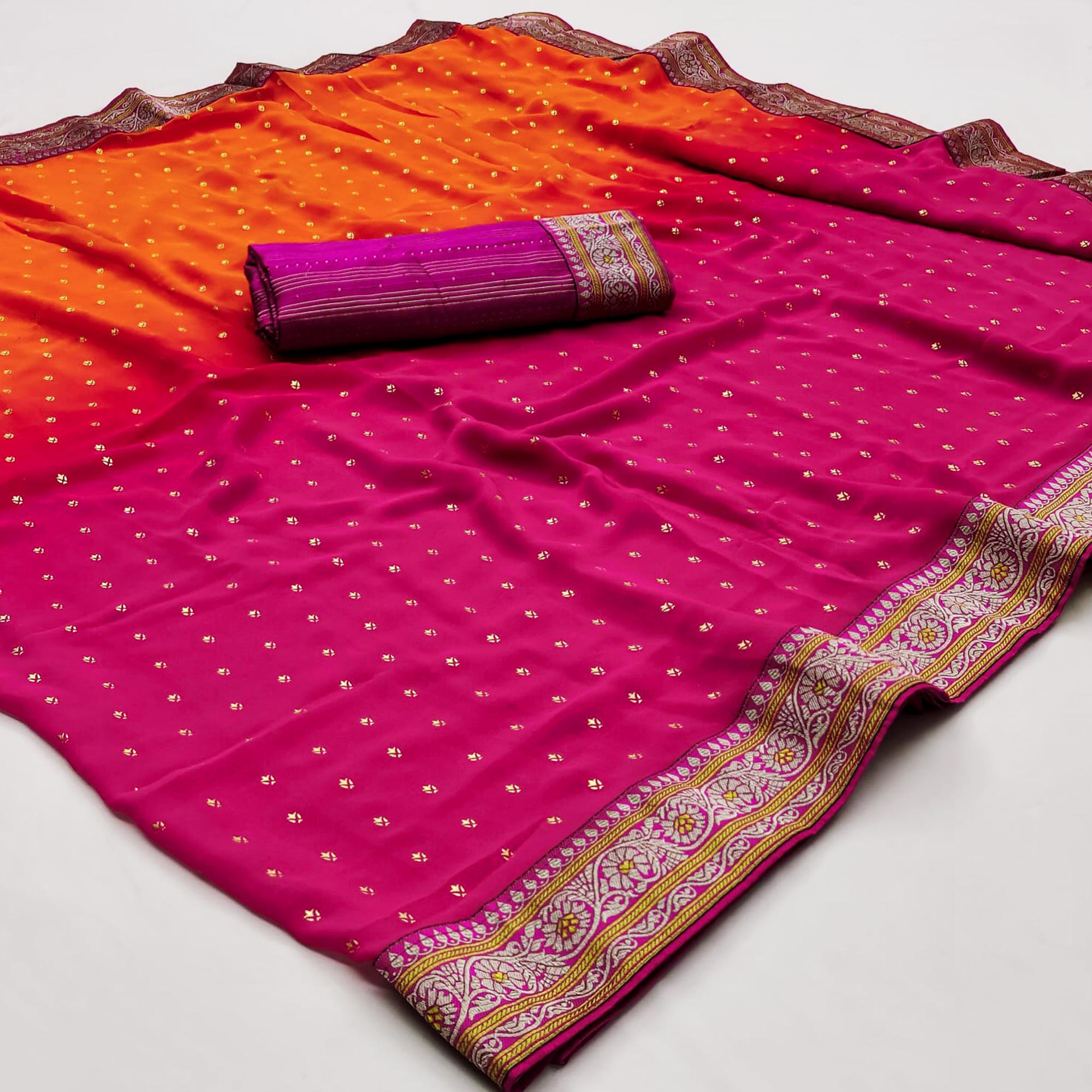 Orange & Pink Foil Printed Georgette Saree