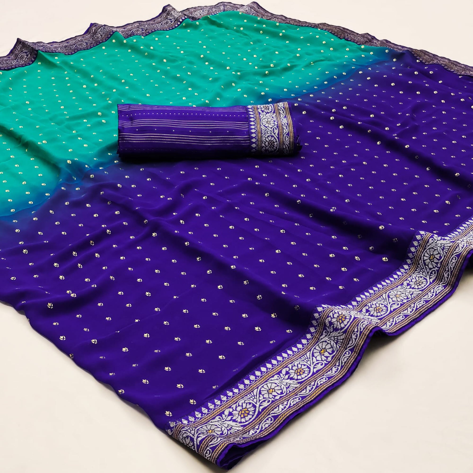 Turquoise & Blue Foil Printed Georgette Saree