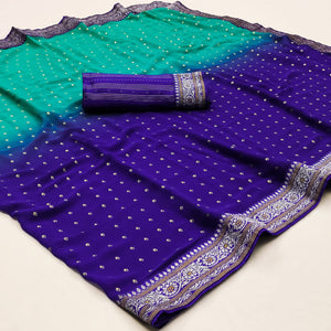 Turquoise & Blue Foil Printed Georgette Saree