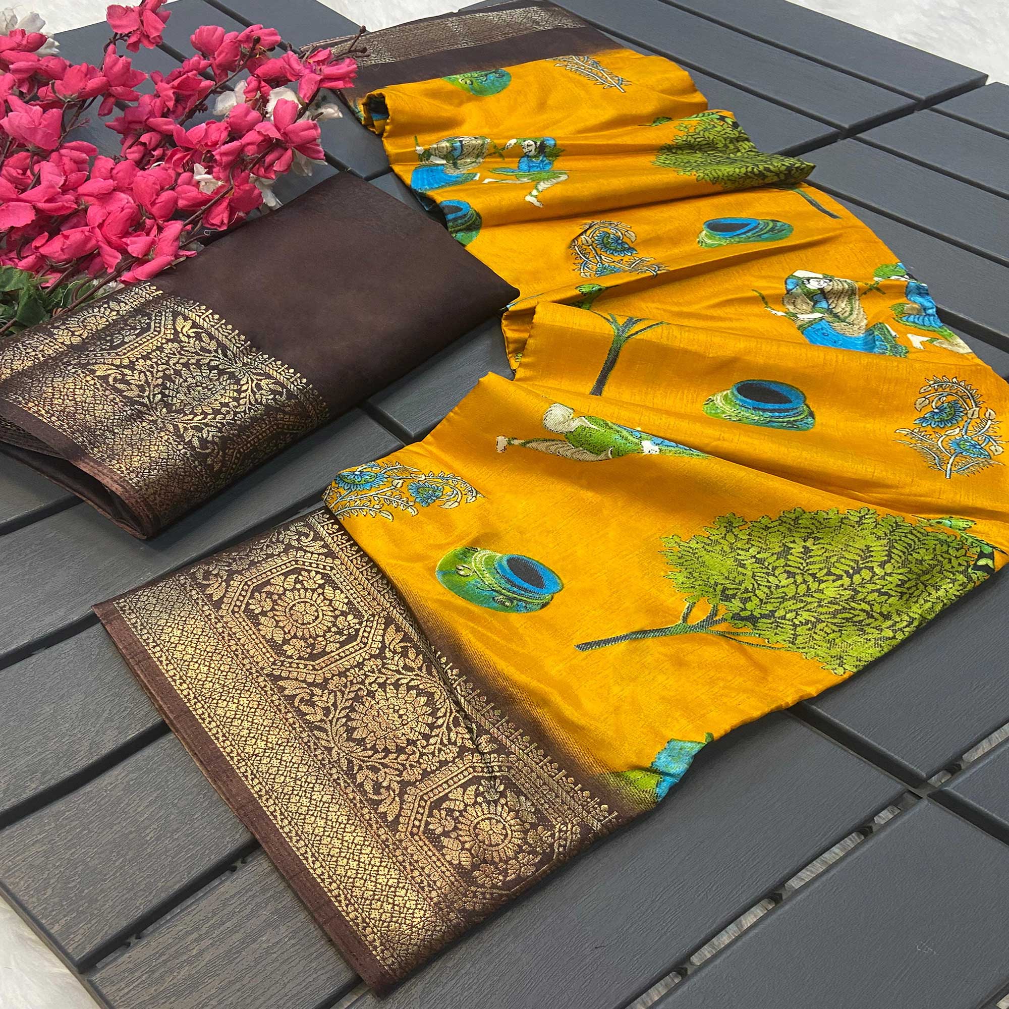 Mustard Printed Dola Silk Saree With Jacquard Border