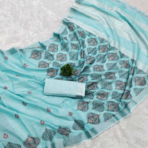 Blue Embroidered Cotton Silk Saree With Tassels