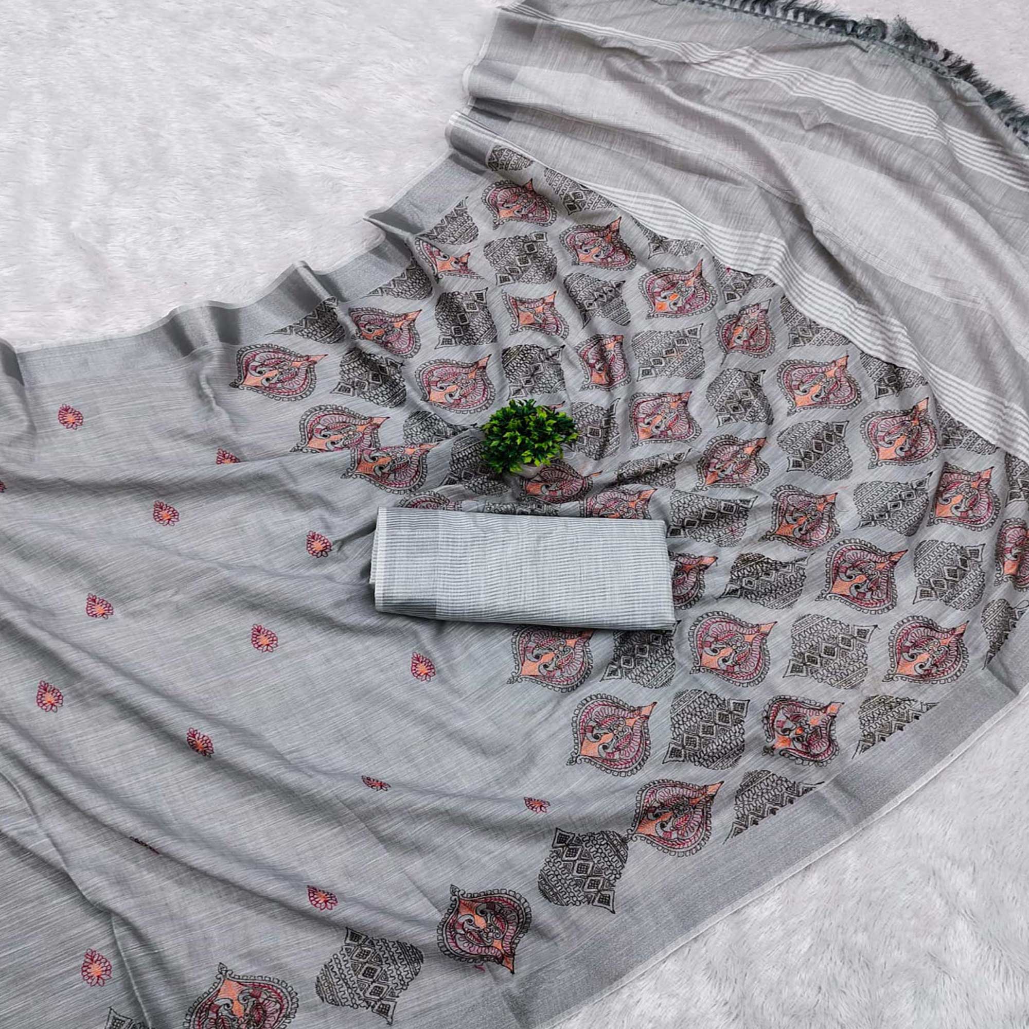 Grey Embroidered Cotton Silk Saree With Tassels