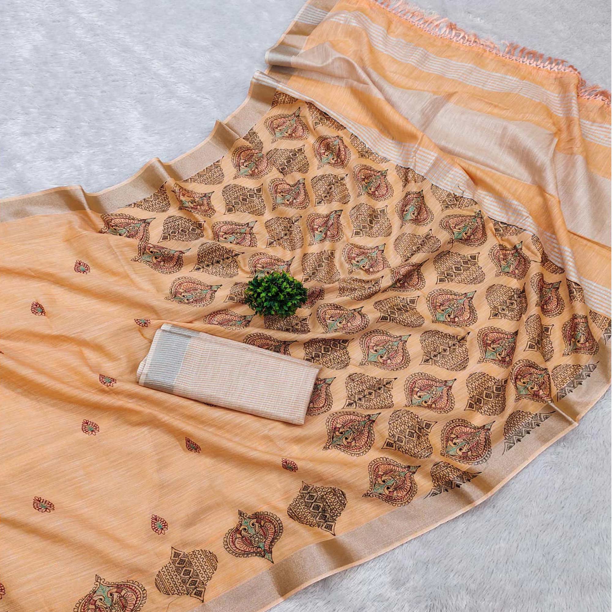 Light Orange Embroidered Cotton Silk Saree With Tassels