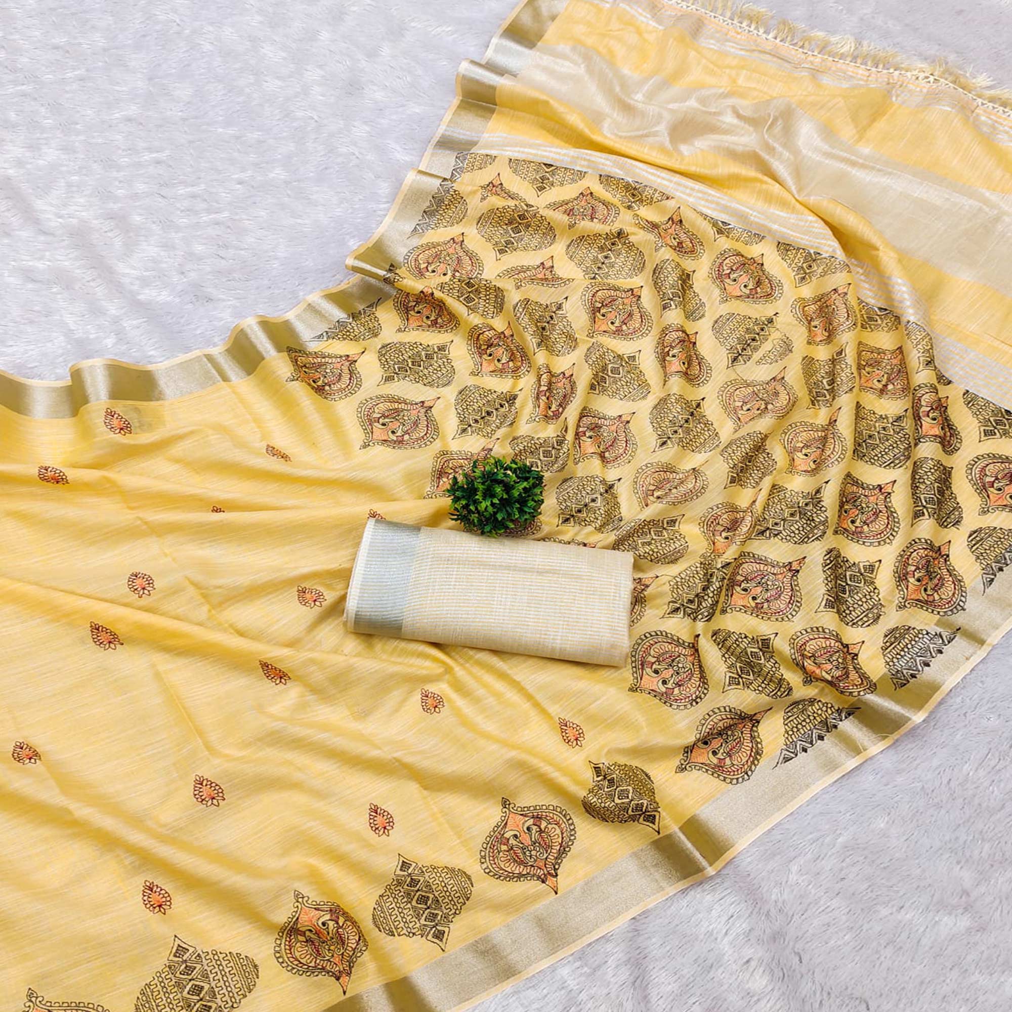 Yellow Embroidered Cotton Silk Saree With Tassels