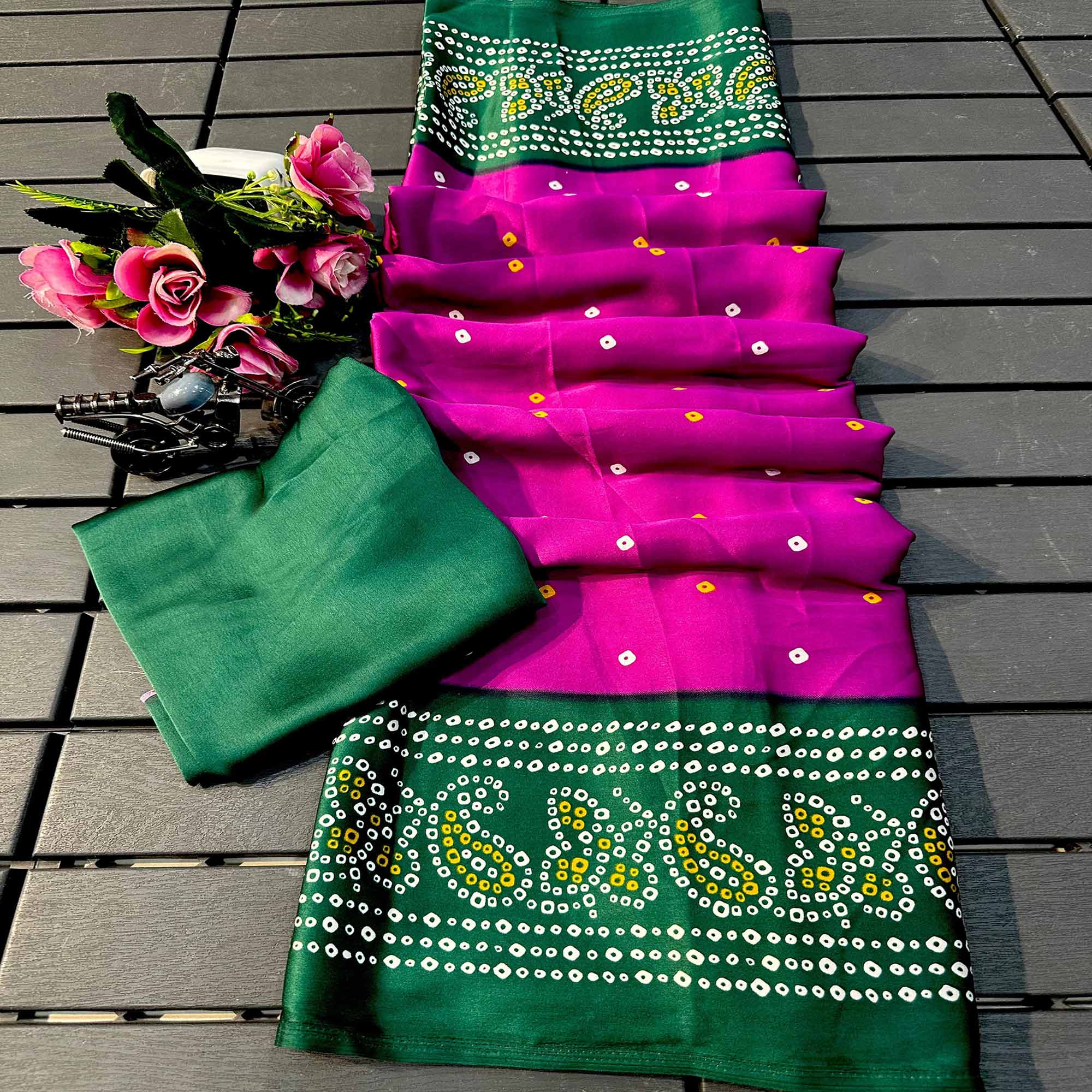 Pink Satin Crepe Saree Showcasing Timeless Bandhani Print