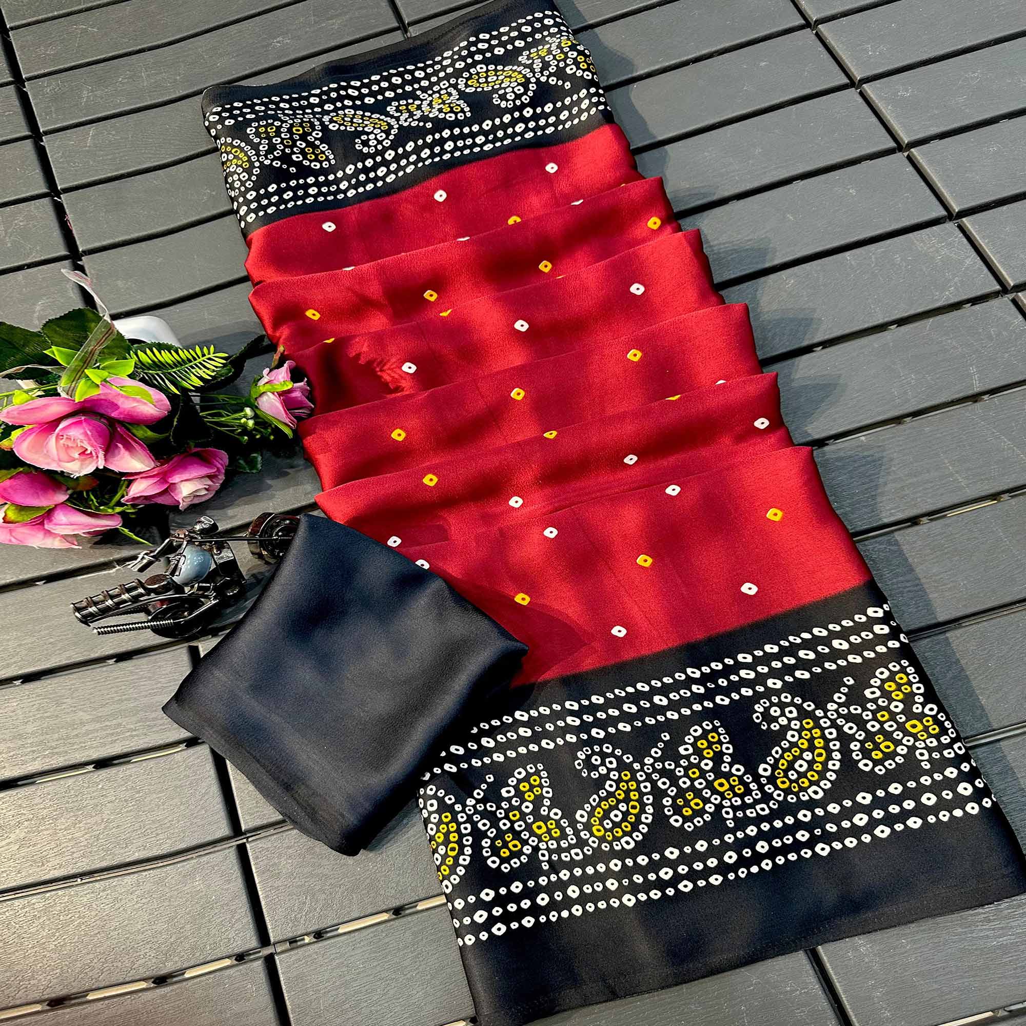 Red Satin Crepe Saree Showcasing Timeless Bandhani Print
