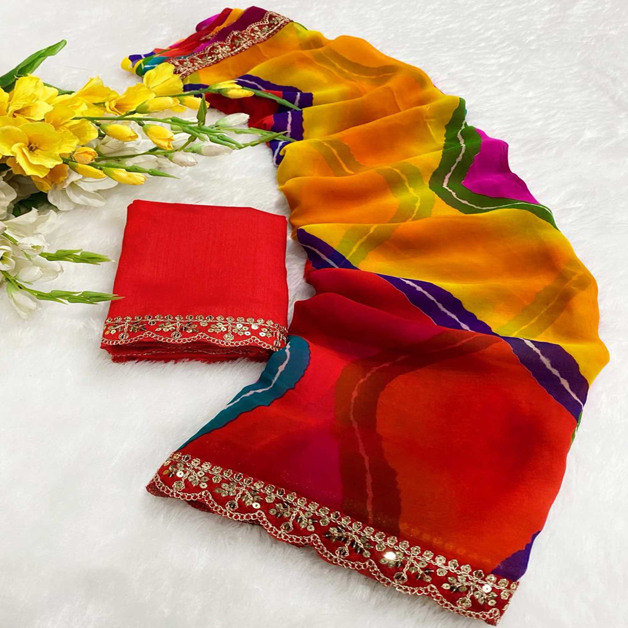 Multicolor Leheriya Print Saree in Flowing Georgette Fabric with Sequins Border Highlight