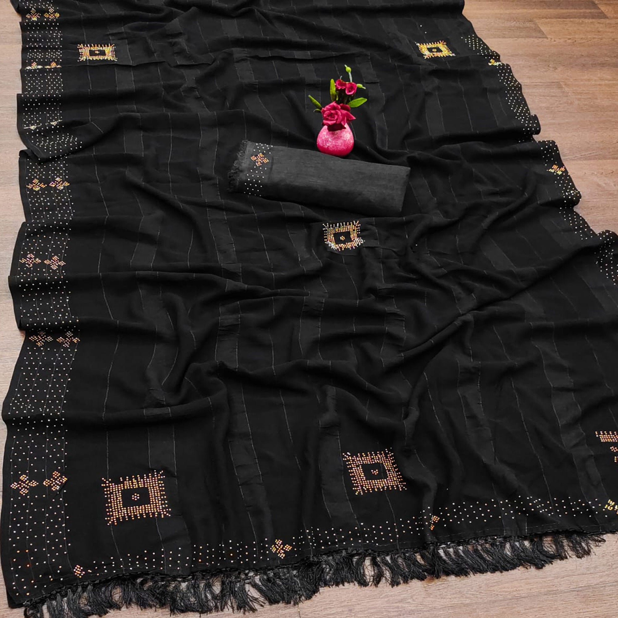 Black Woven Chiffon Saree With Swarovski Work
