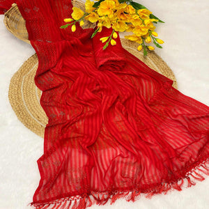 Red Lightweight Woven Chiffon Saree Enhanced with Swarovski Work