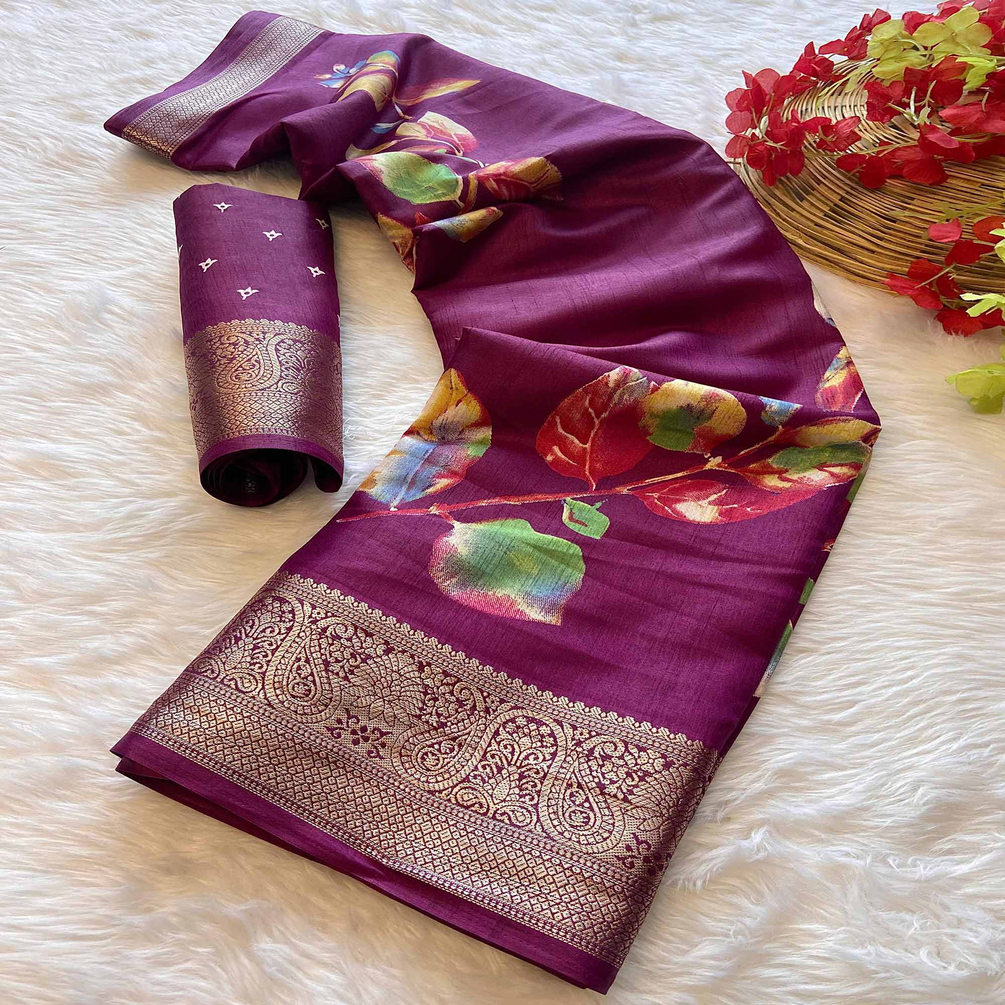 Magenta Floral Printed Dola Silk Saree