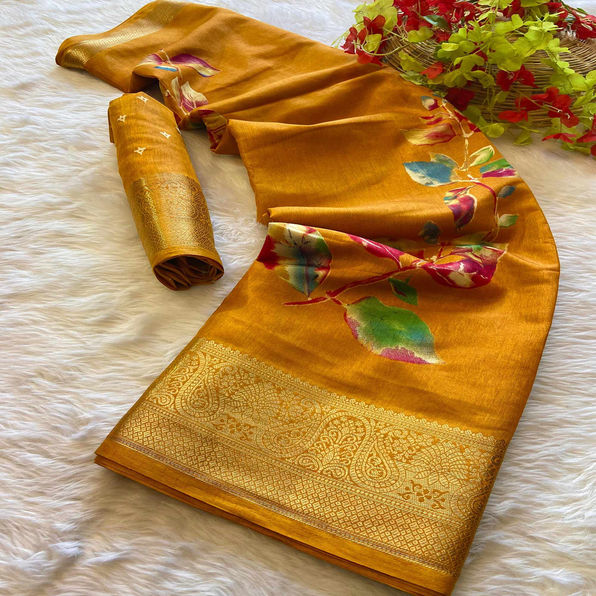 Mustard Floral Printed Dola Silk Saree