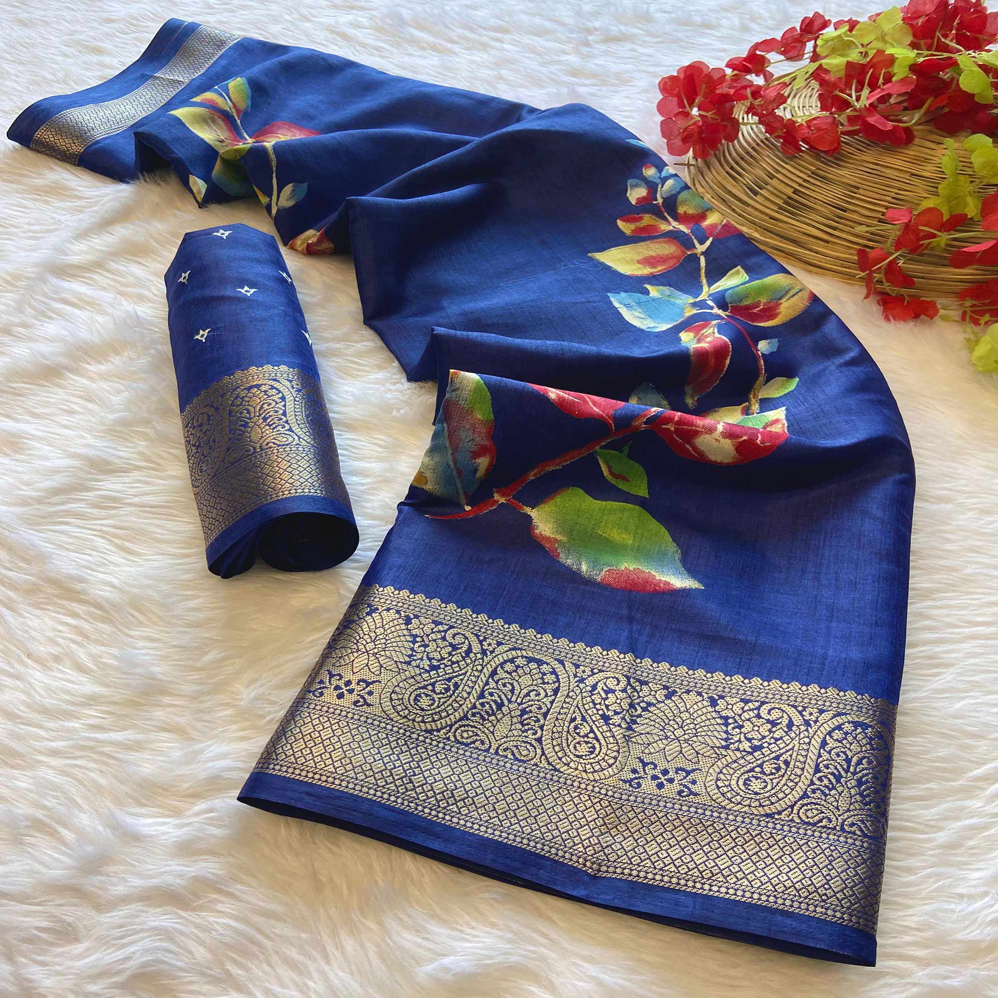 Navy Blue Floral Printed Dola Silk Saree