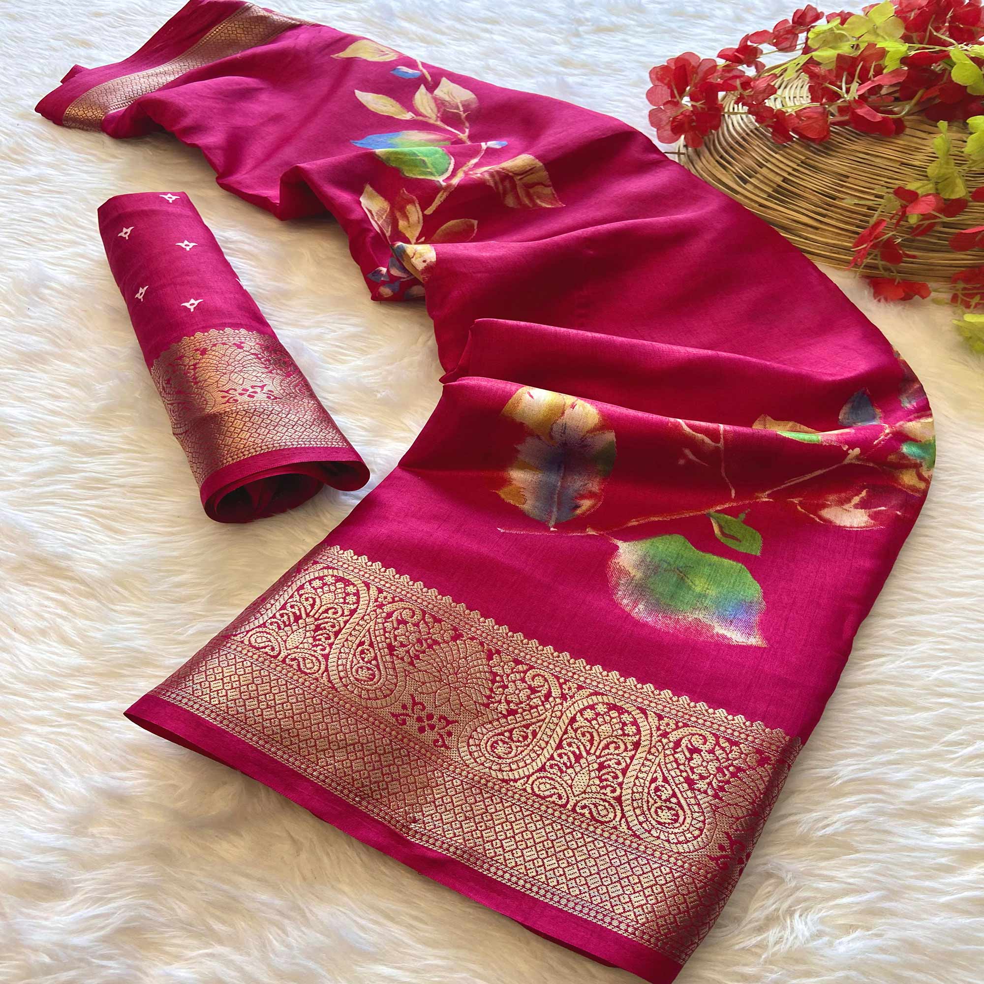 Pink Floral Printed Dola Silk Saree