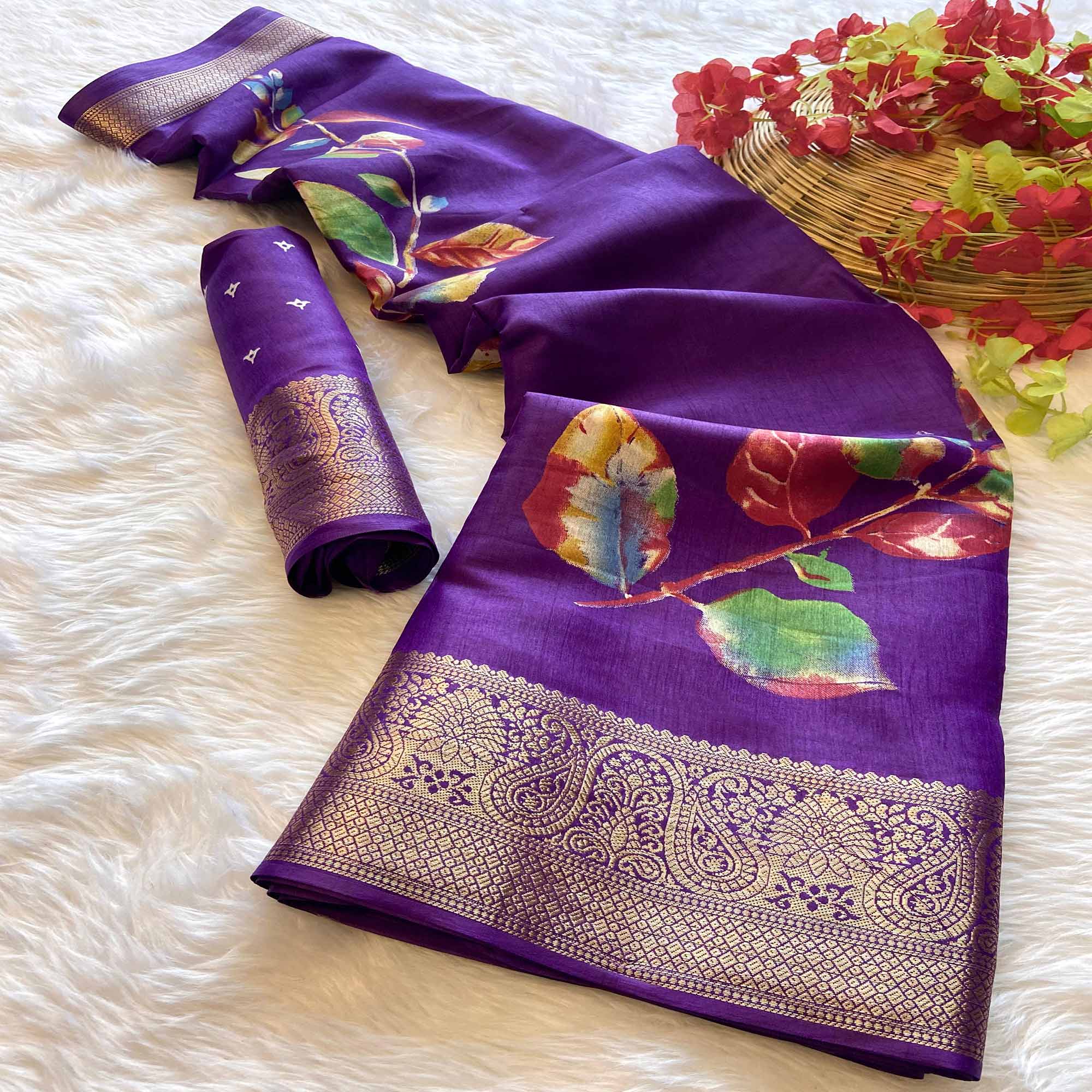 Purple Floral Printed Dola Silk Saree