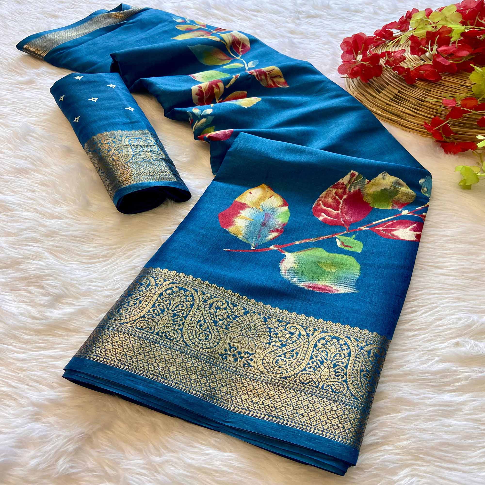 Teal Floral Printed Dola Silk Saree