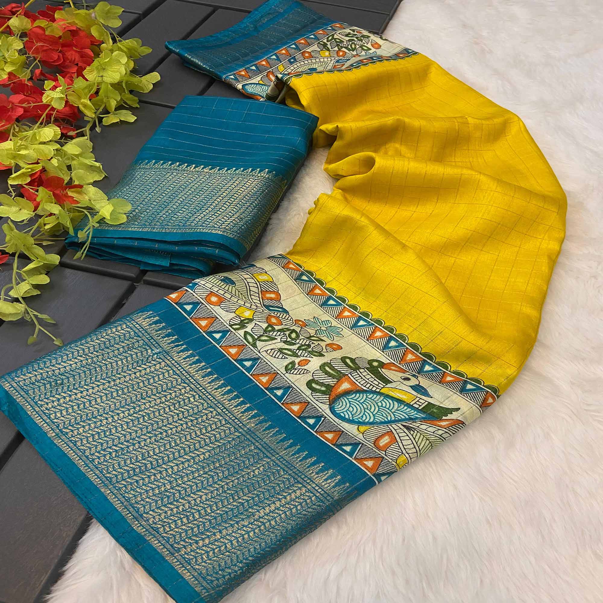 Yellow Madhubani Work Woven Dola Silk Saree