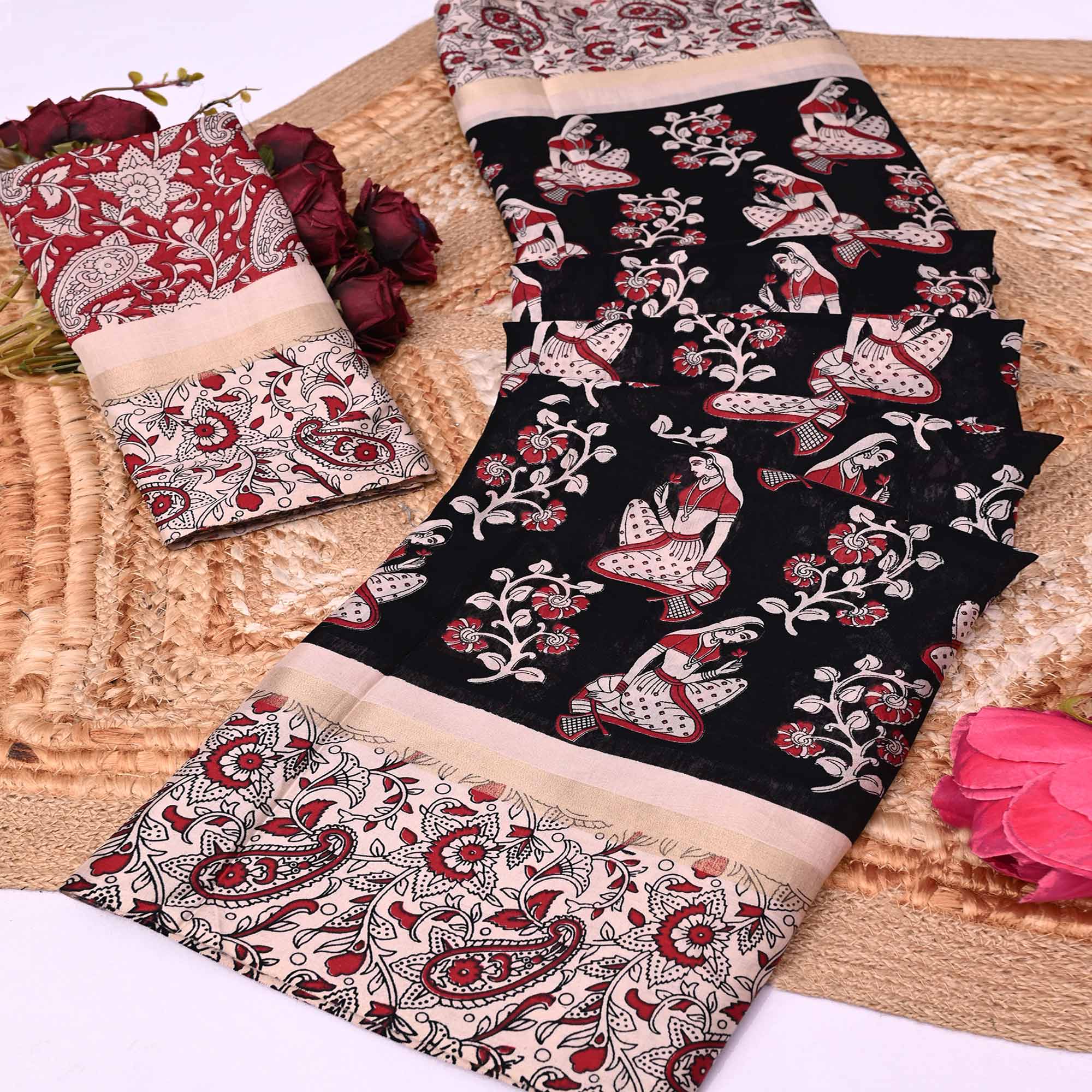 Black Kalamkari Print on Soft Mulmul Cotton Saree for Effortless Style