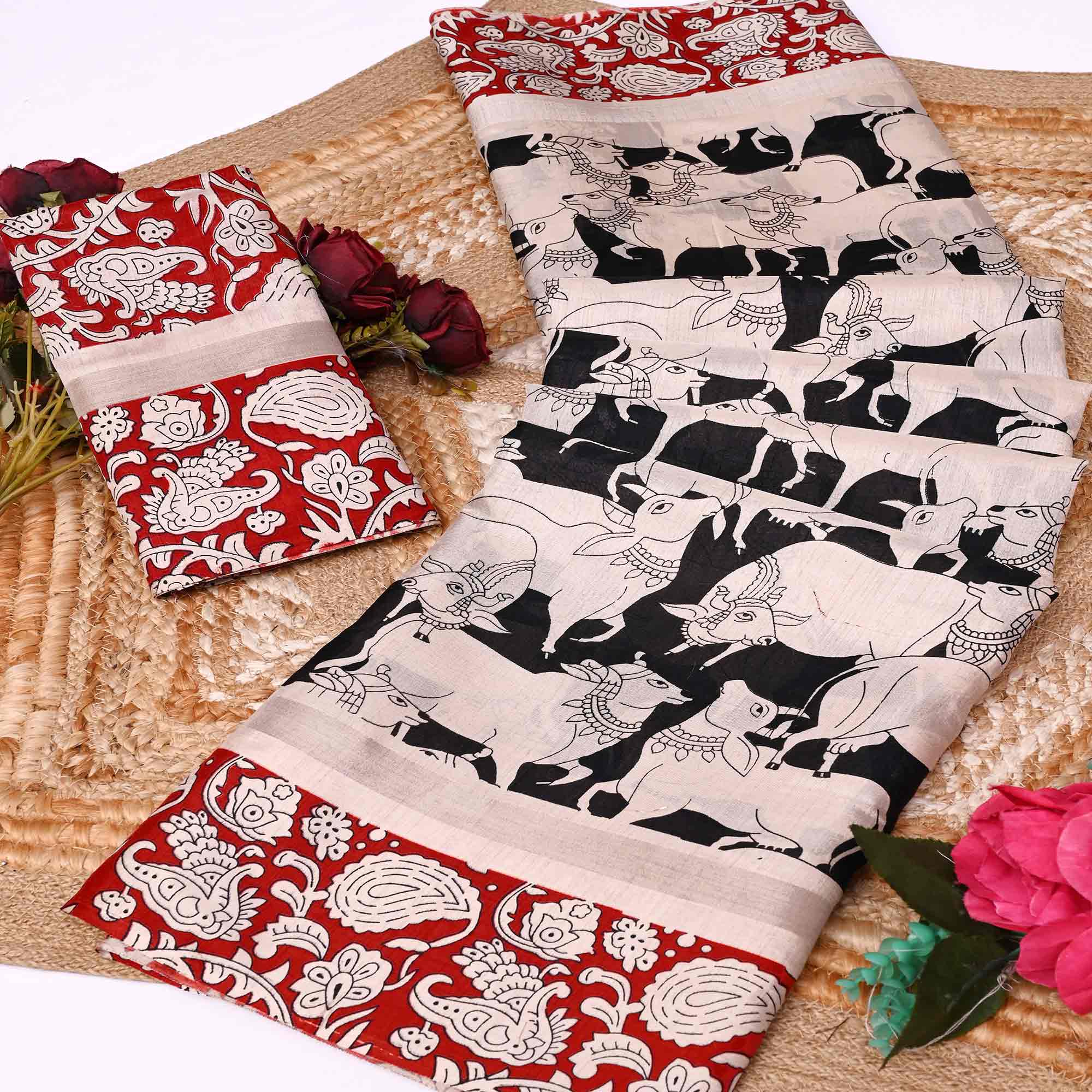 Black & Red Kalamkari Print on Soft Mulmul Cotton Saree for Effortless Style
