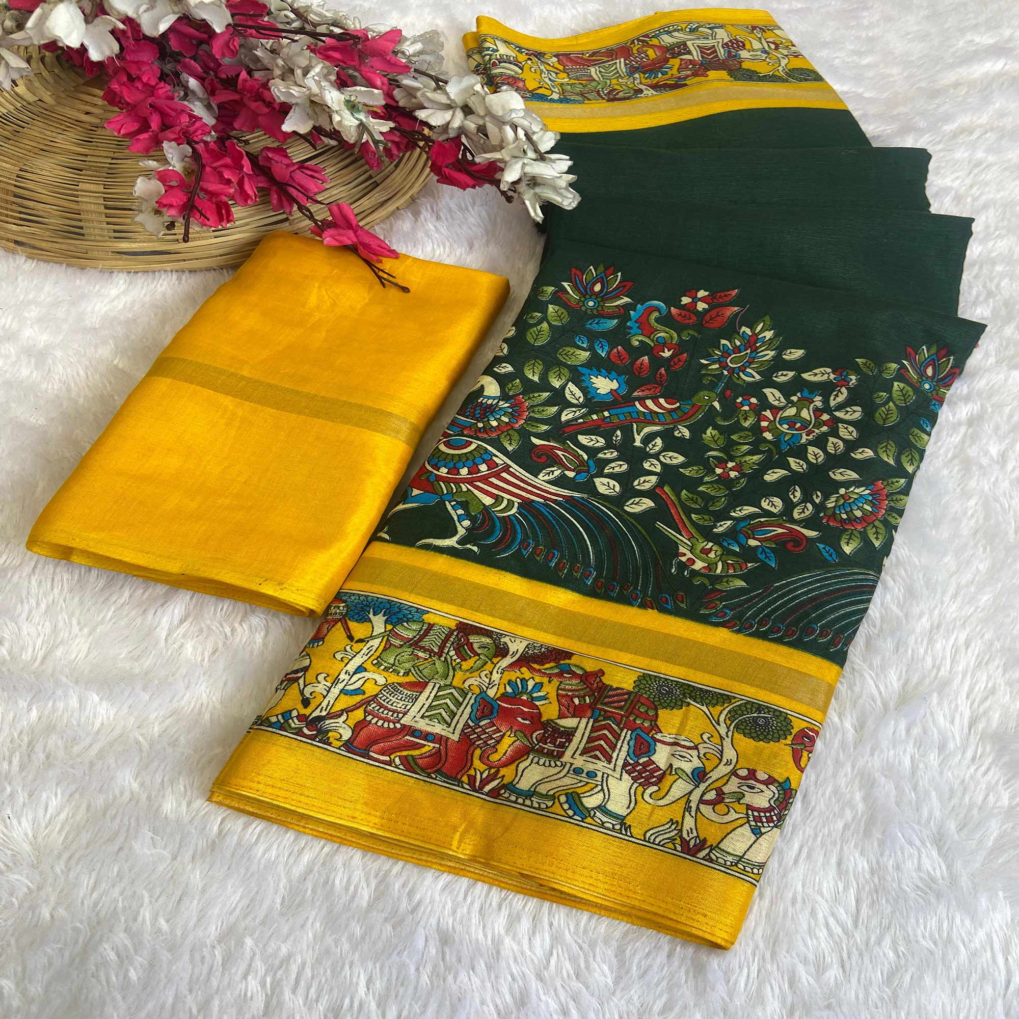 Green Kalamkari Print on Soft Mulmul Cotton Saree for Effortless Style