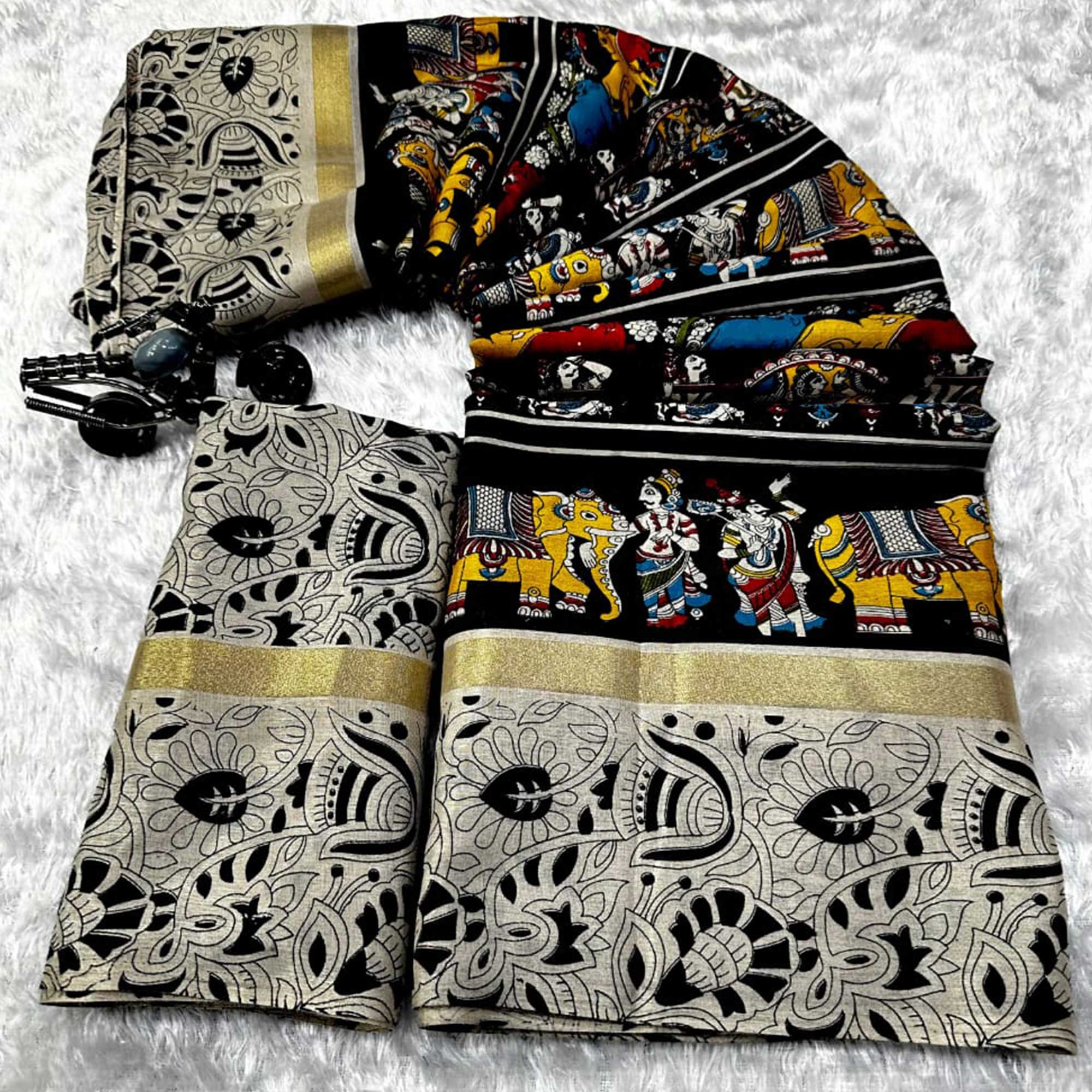 Grey & Black Kalamkari Printed Pure Mulmul Cotton Saree