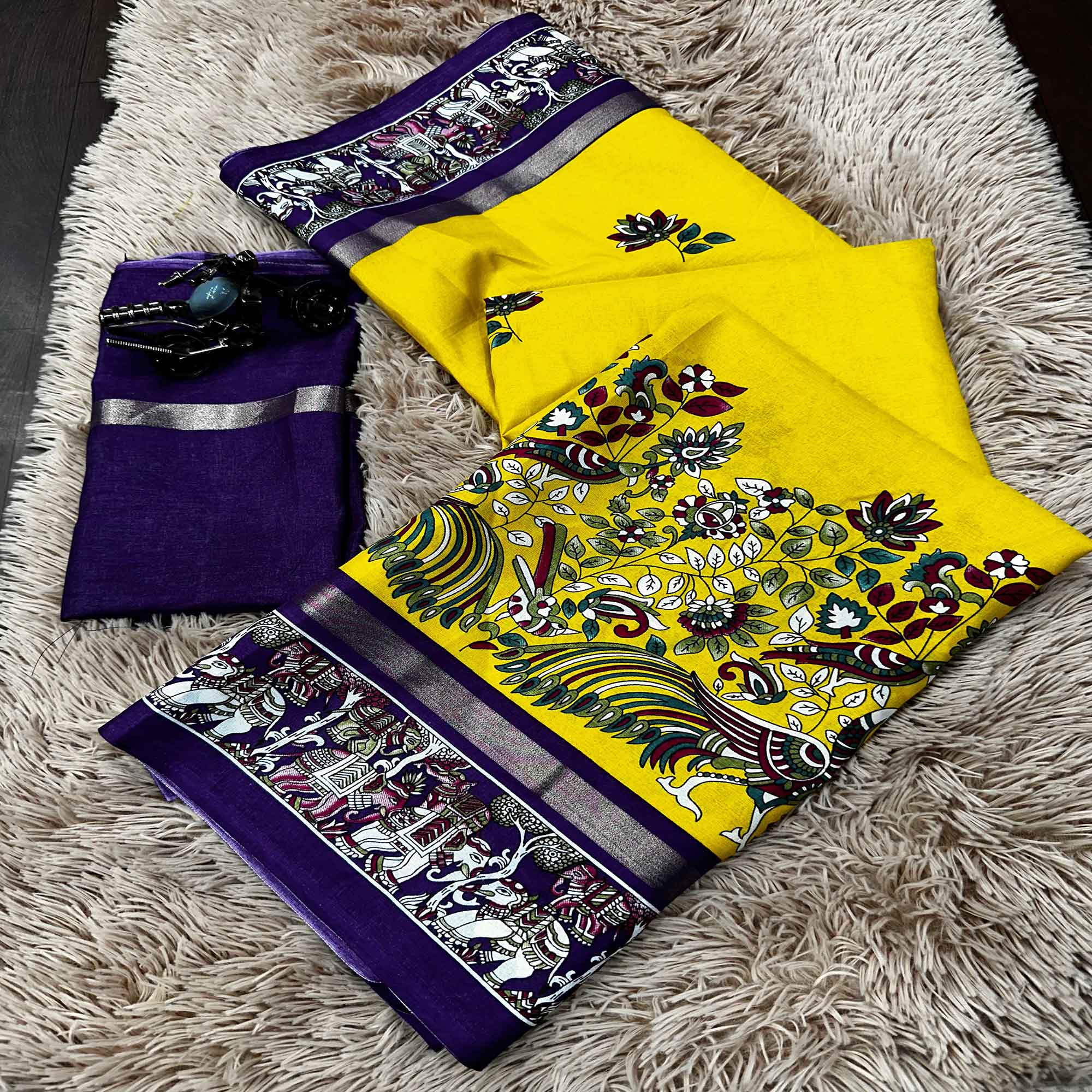 Yellow Kalamkari Printed Pure Mulmul Cotton Saree