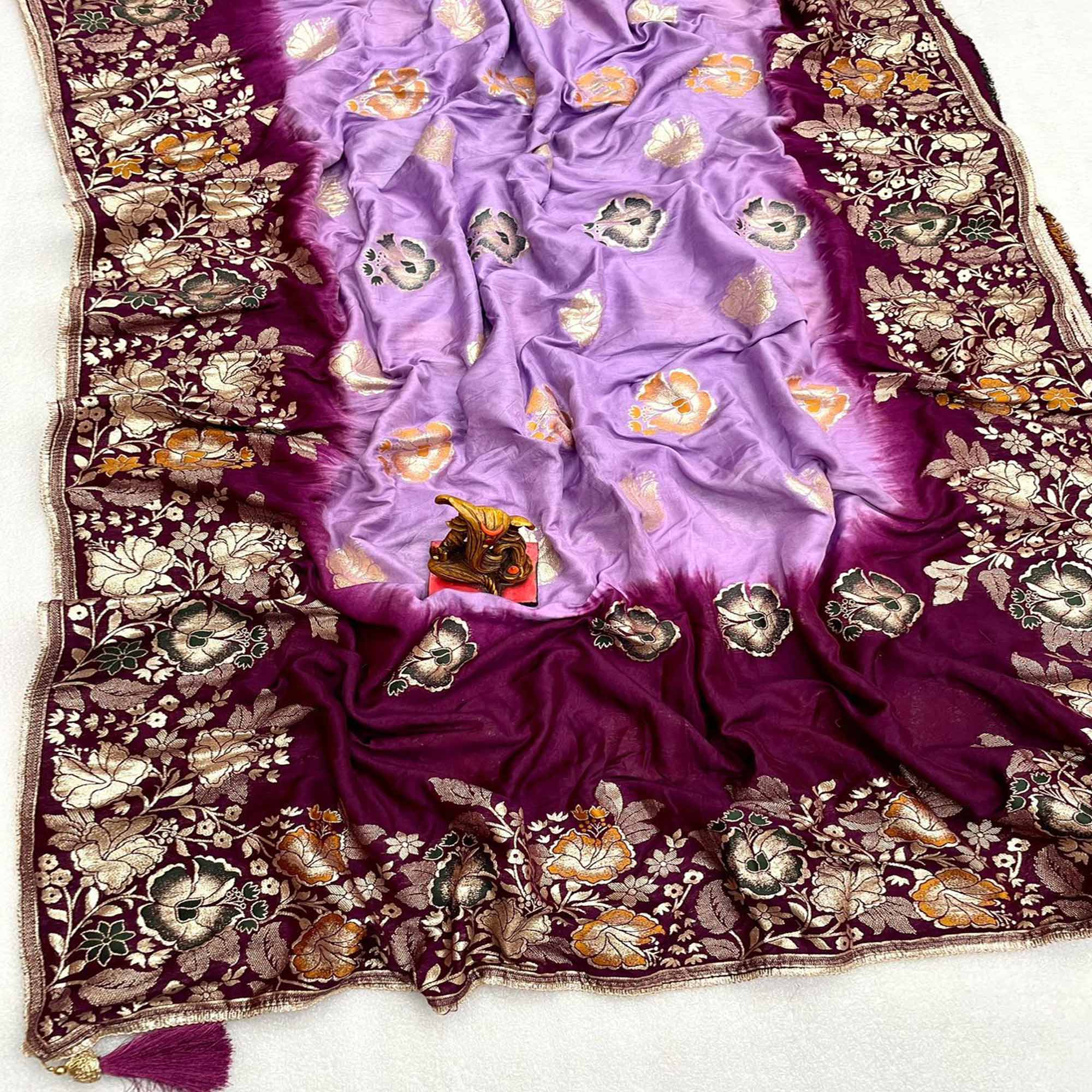 Lavender Floral Woven Dola Silk Saree