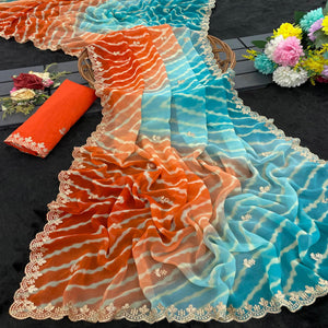Festive Georgette Saree in Orange & Blue with Ethnic Leheriya Print and Fine Embroidery