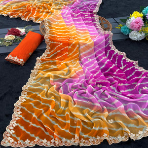 Festive Georgette Saree in Orange & Purple with Ethnic Leheriya Print and Fine Embroidery