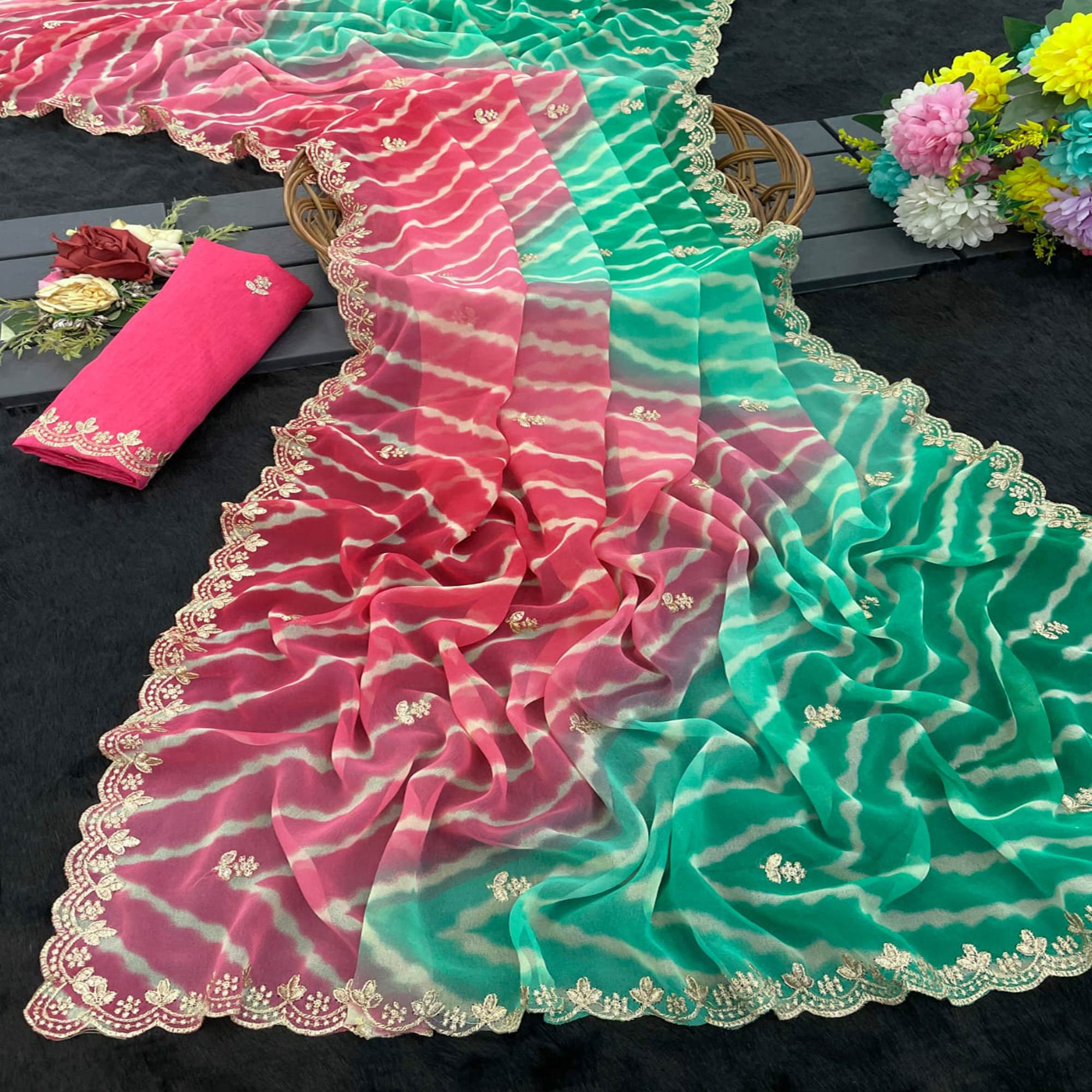 Festive Georgette Saree in Pink & Green with Ethnic Leheriya Print and Fine Embroidery