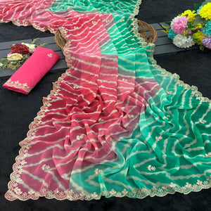 Festive Georgette Saree in Pink & Green with Ethnic Leheriya Print and Fine Embroidery