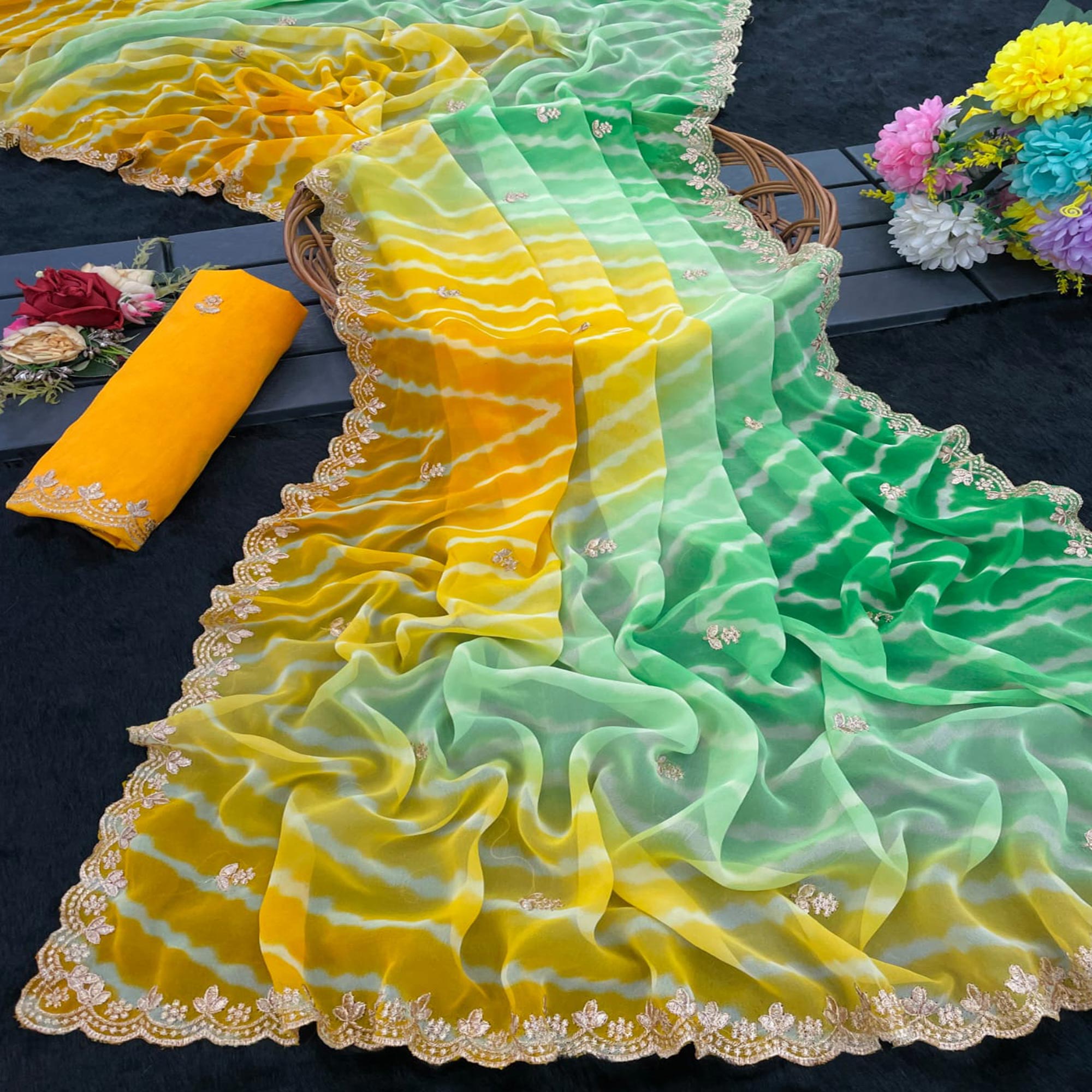 Festive Georgette Saree in Yellow & Green with Ethnic Leheriya Print and Fine Embroidery