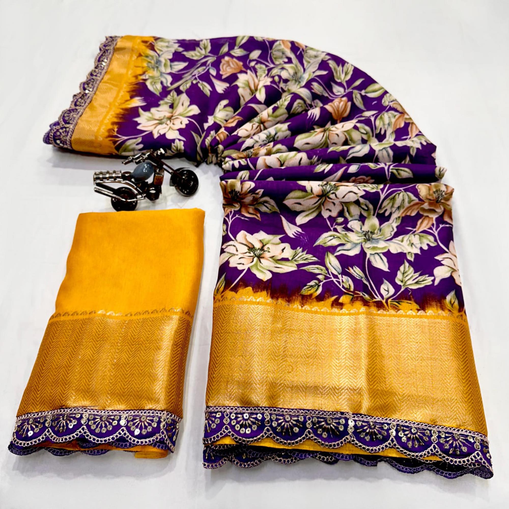 Purple Floral Printed Dola Silk Saree With Zari Border