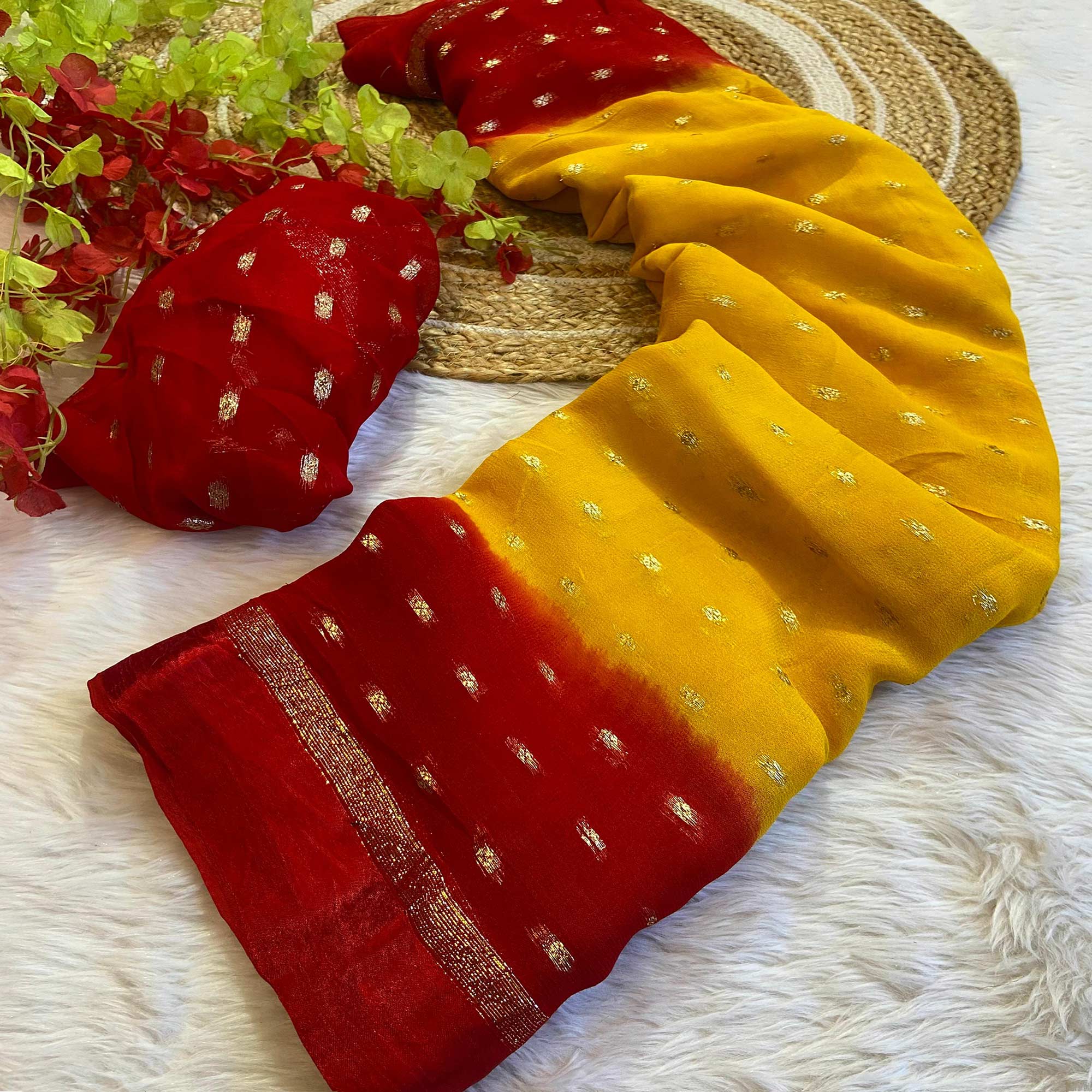 Yellow & Red Zari Woven Pure Viscose Saree