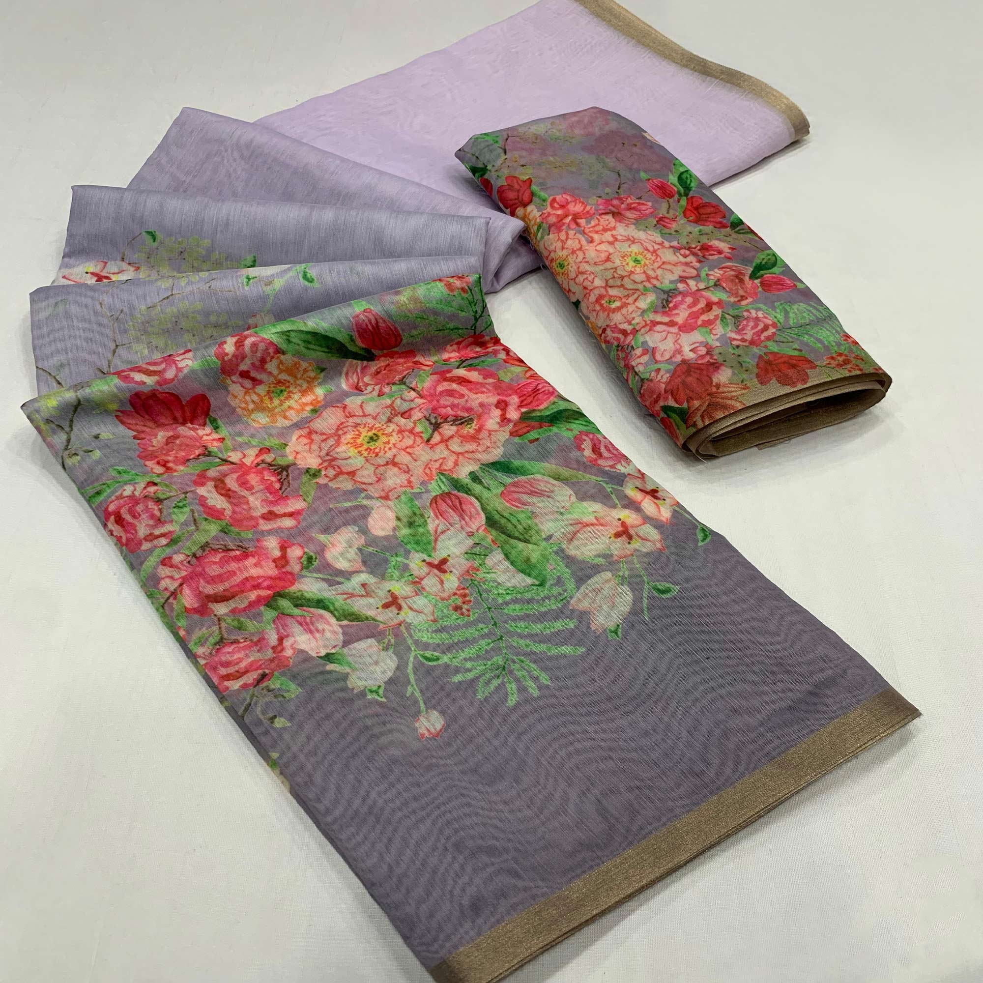 Lavender & Grey Floral Printed Cotton Silk Saree