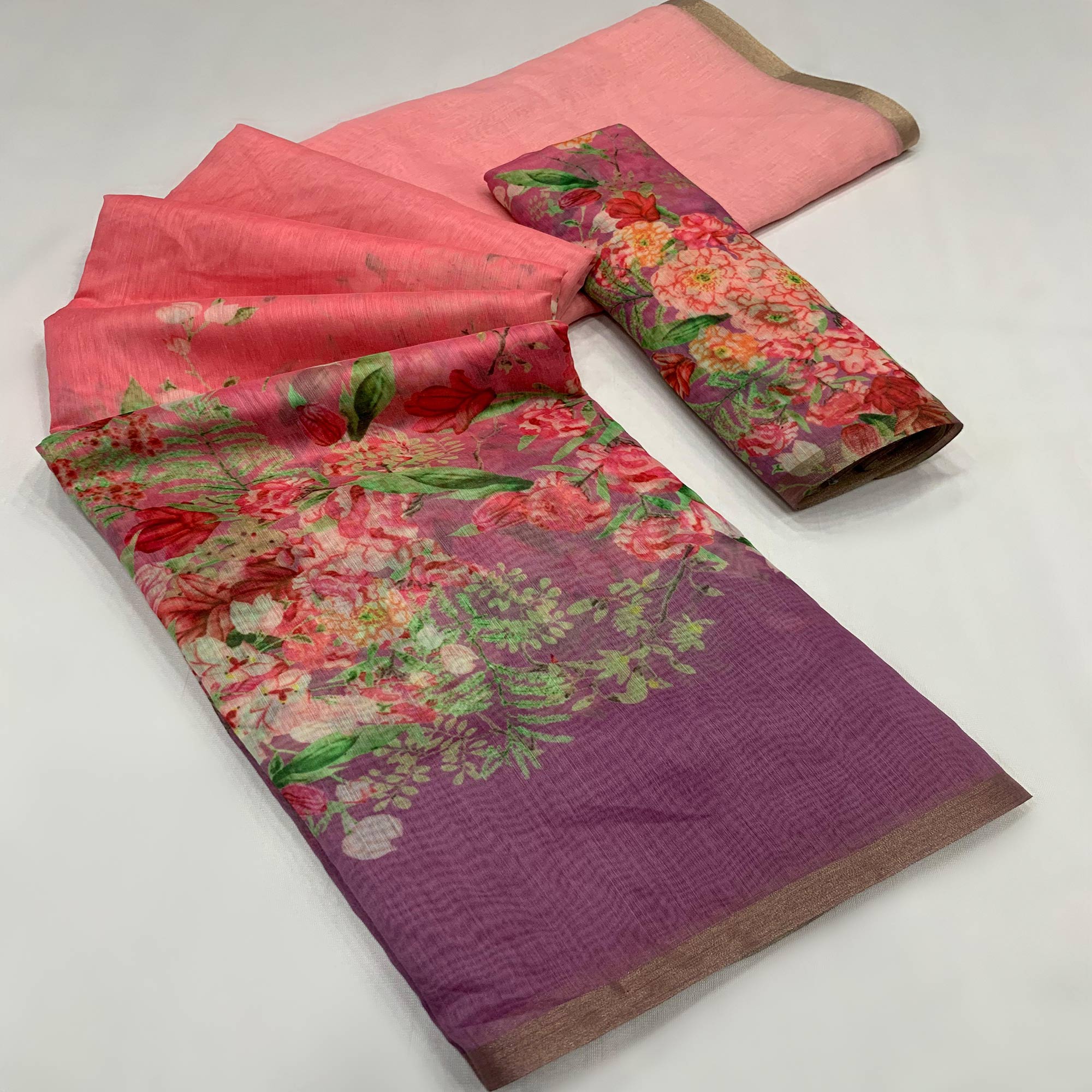 Peach & Purple Floral Printed Cotton Silk Saree