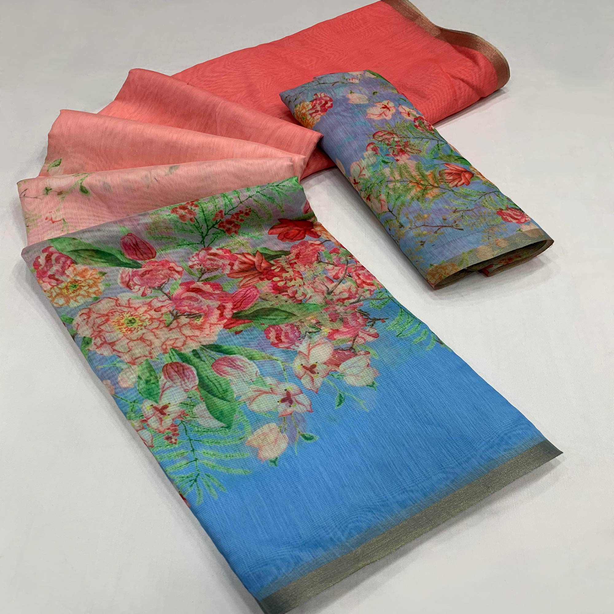 Red & Blue Floral Printed Cotton Silk Saree