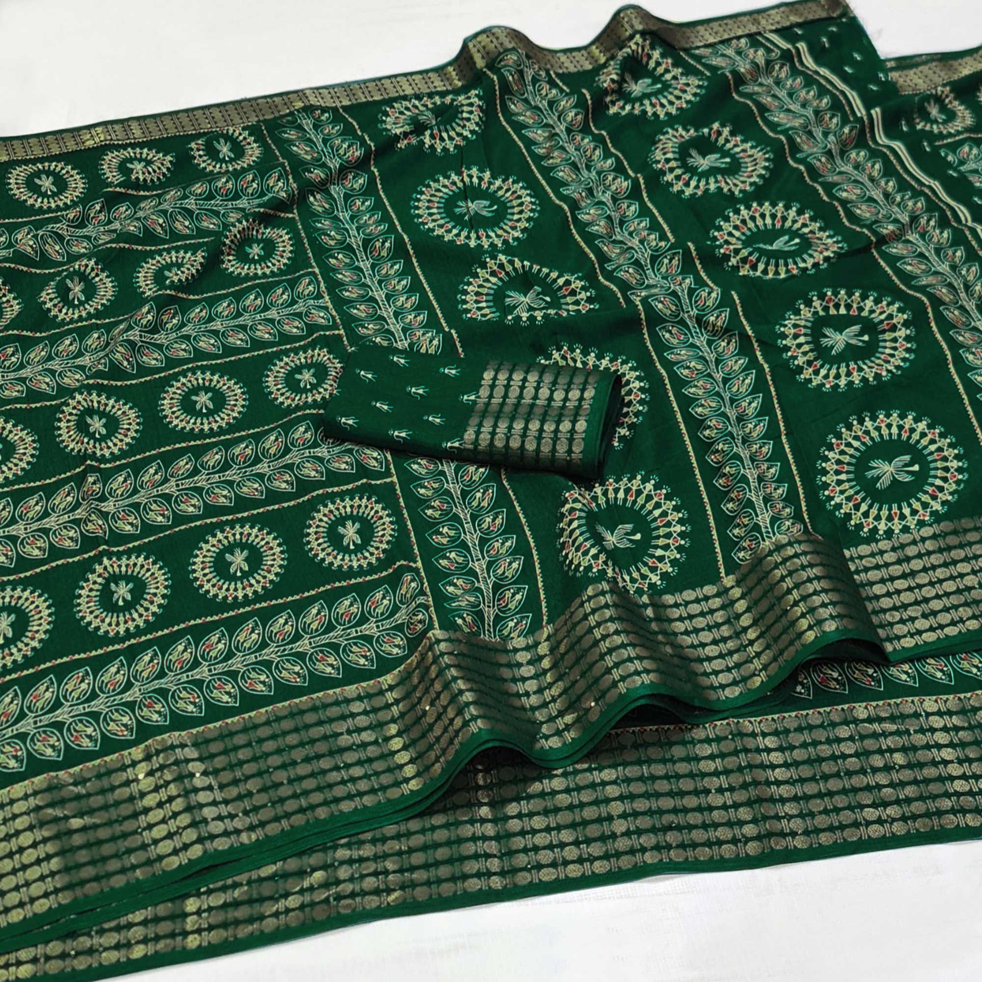 Green Warli Printed Dola Silk Saree