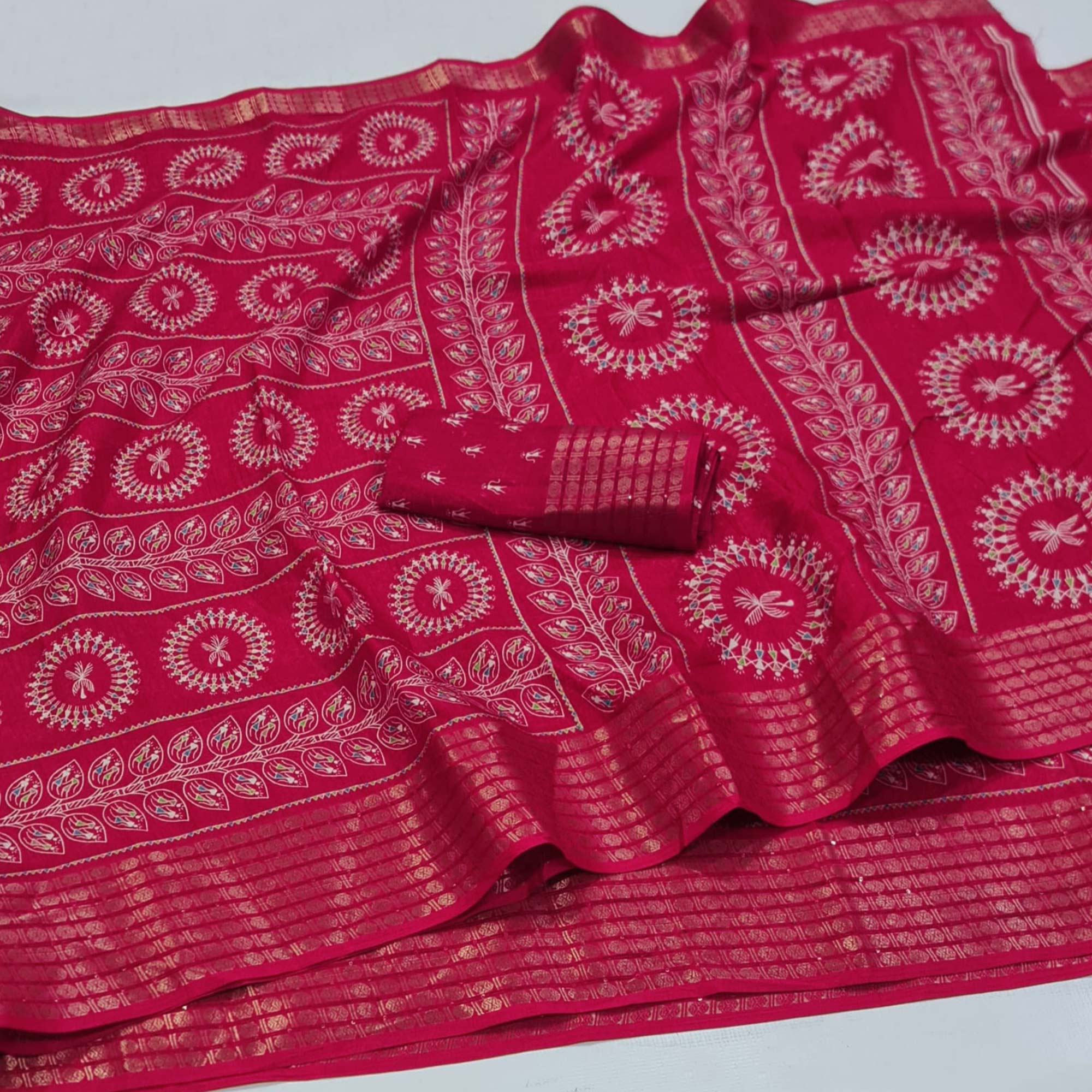 Pink Warli Printed Dola Silk Saree