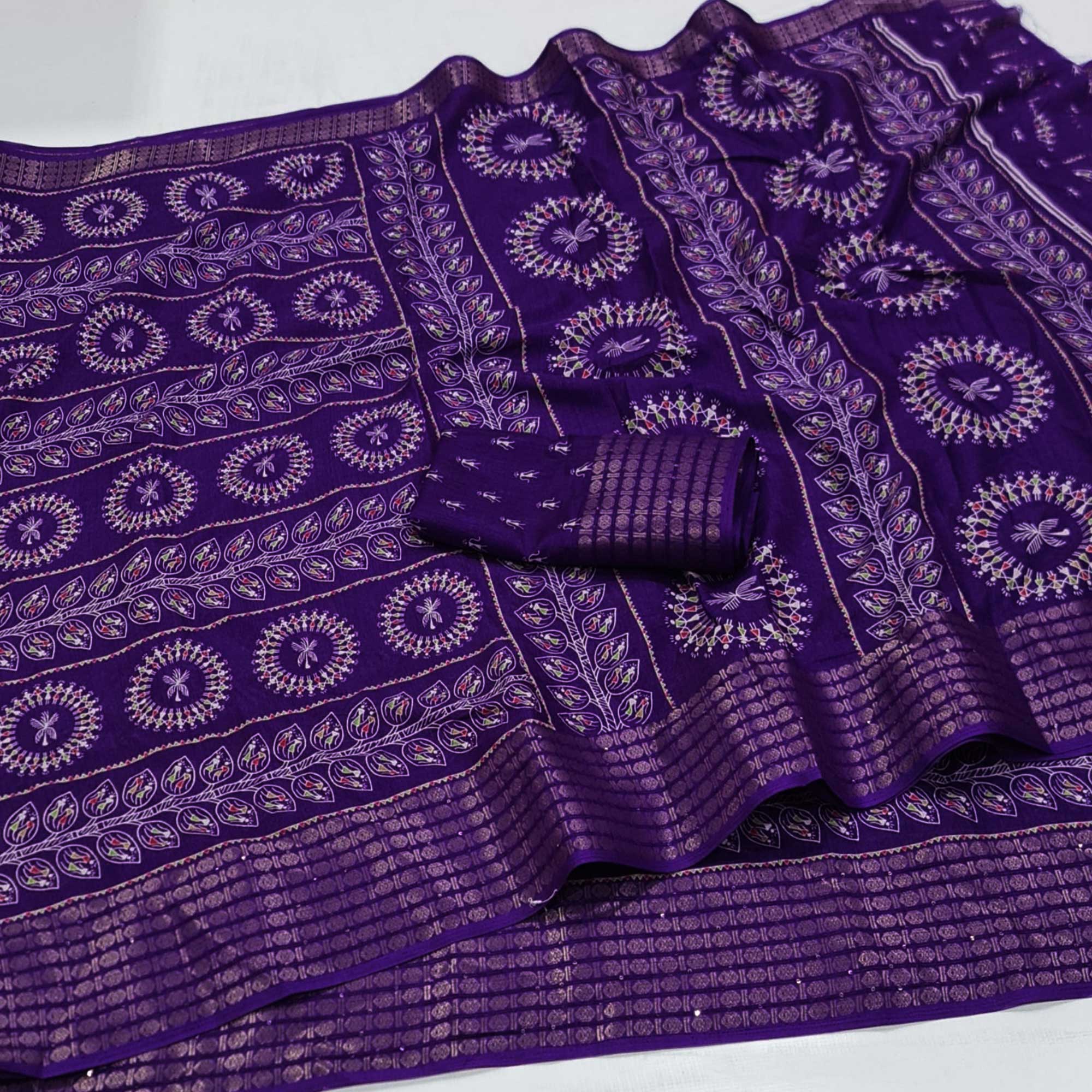 Purple Warli Printed Dola Silk Saree