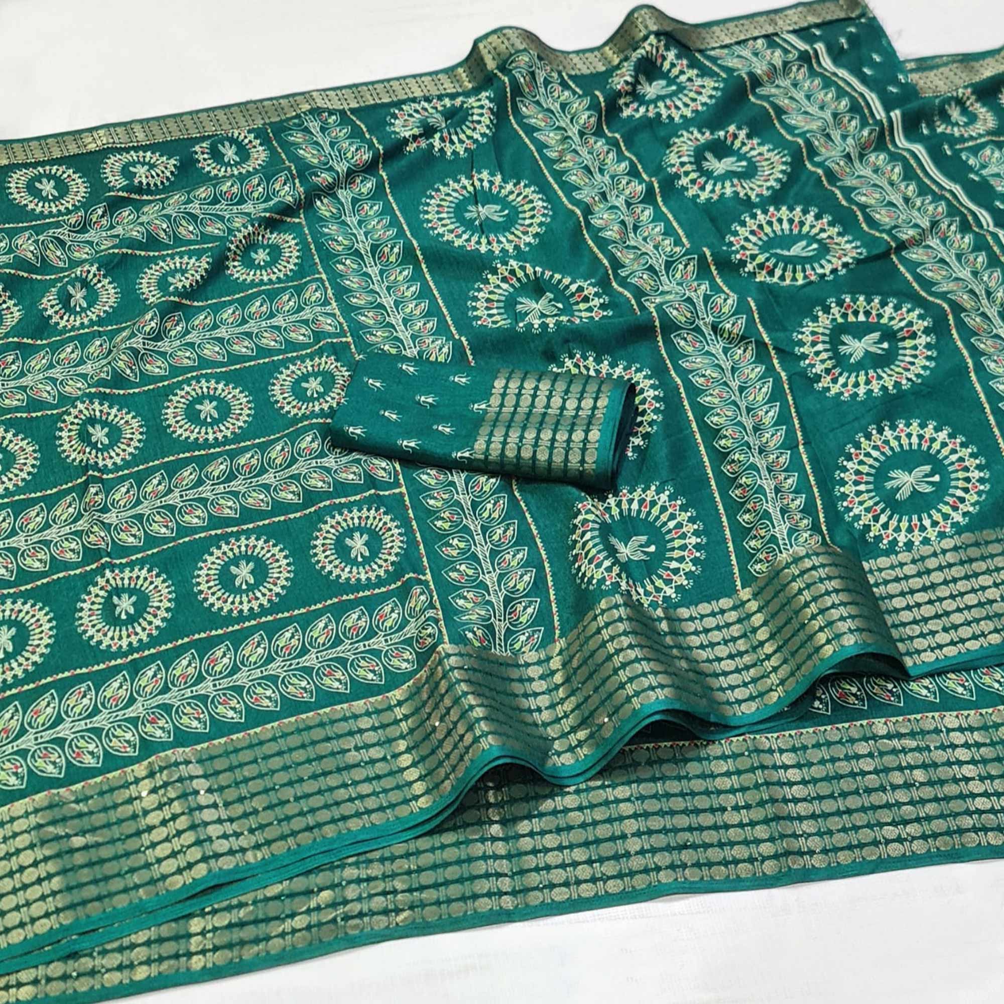 Turquoise Warli Printed Dola Silk Saree