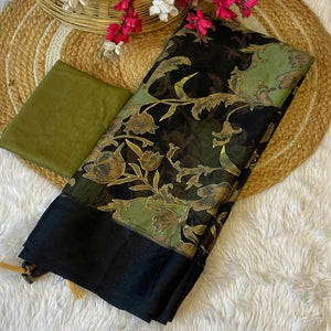 Black & Green Foil Printed Brasso Saree for Party Wear