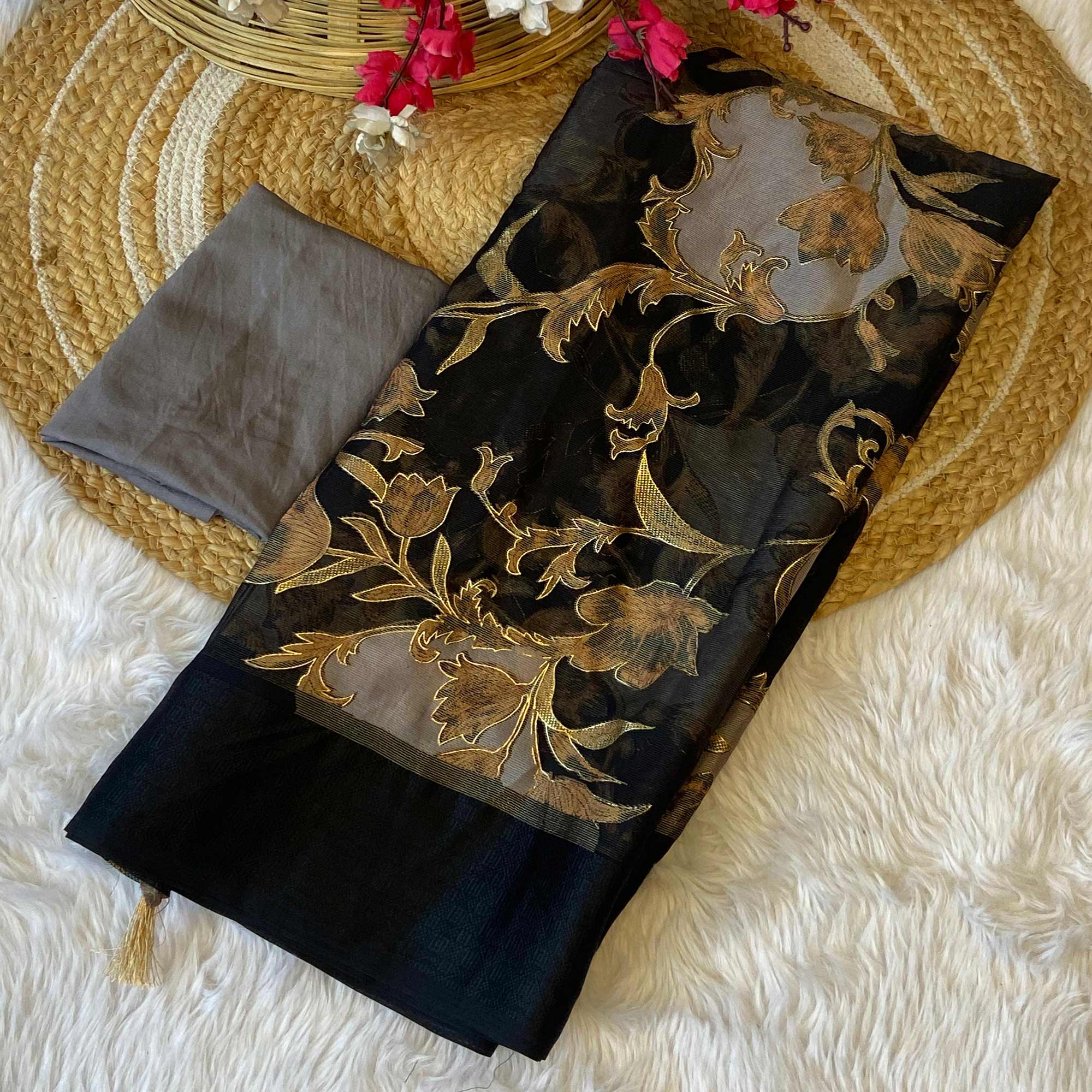 Black & Grey Foil Printed Brasso Saree for Party Wear