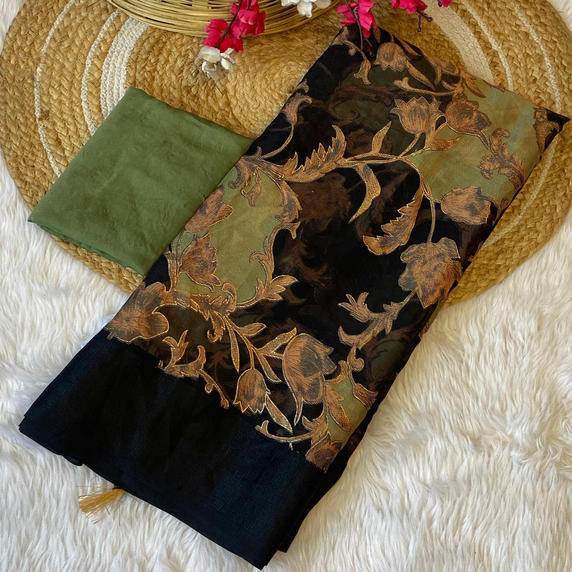 Black & Light Green Foil Printed Brasso Saree for Party Wear