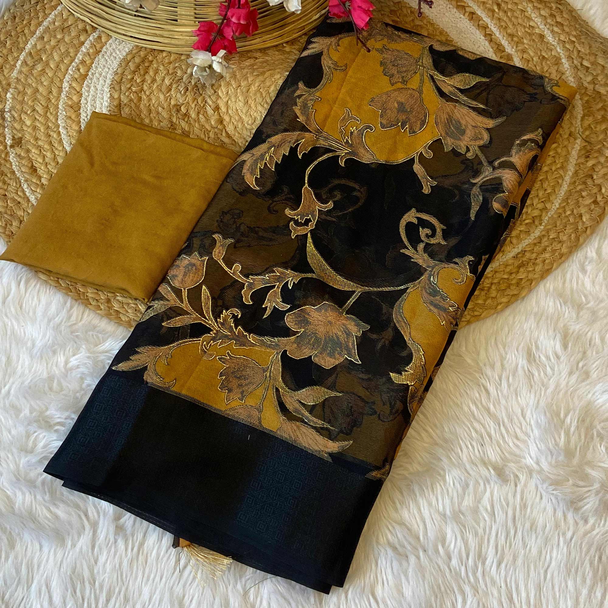 Black & Mustard Foil Printed Brasso Saree for Party Wear