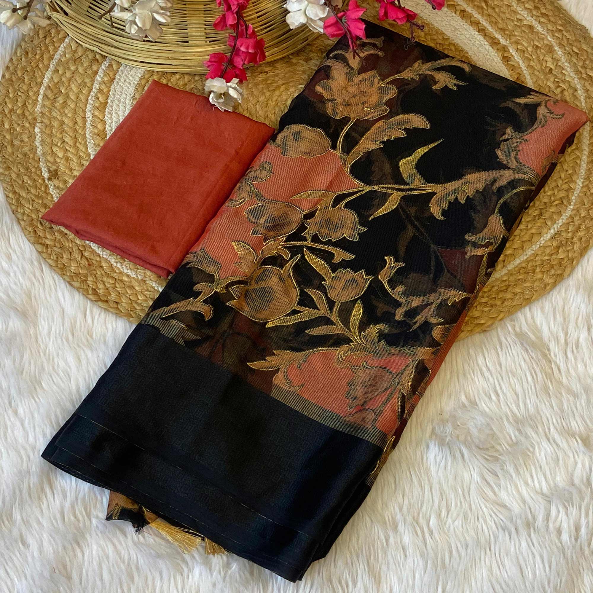 Black & Peach Foil Printed Brasso Saree for Party Wear
