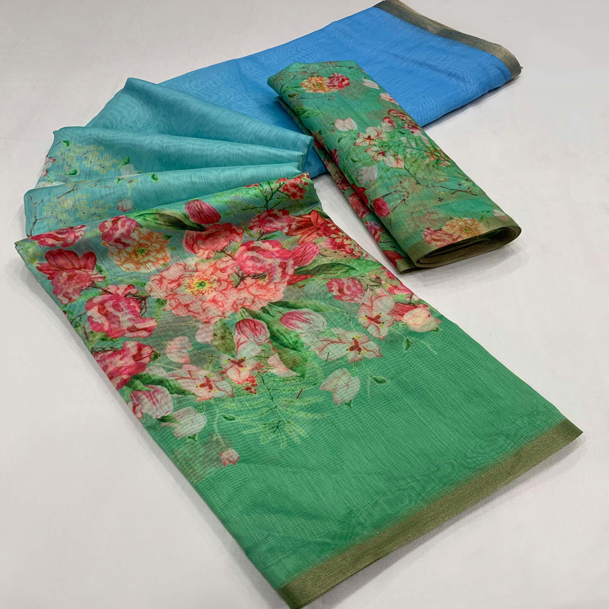 Blue & Turquoise Floral Printed Cotton Silk Saree