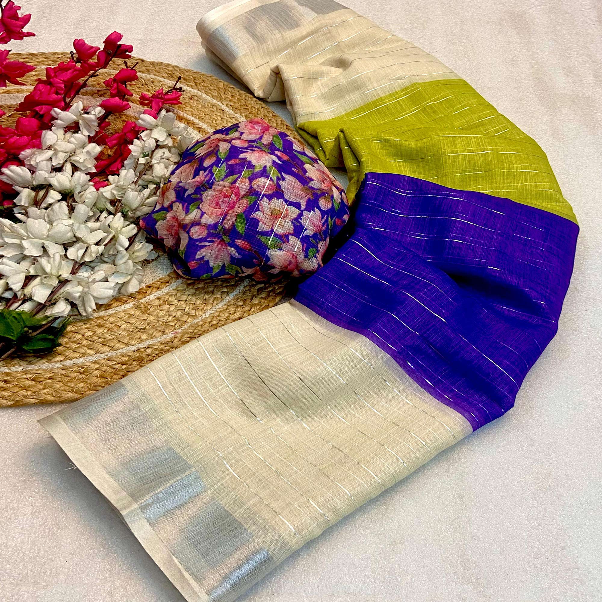 Blue Zari Weaving Linen Saree