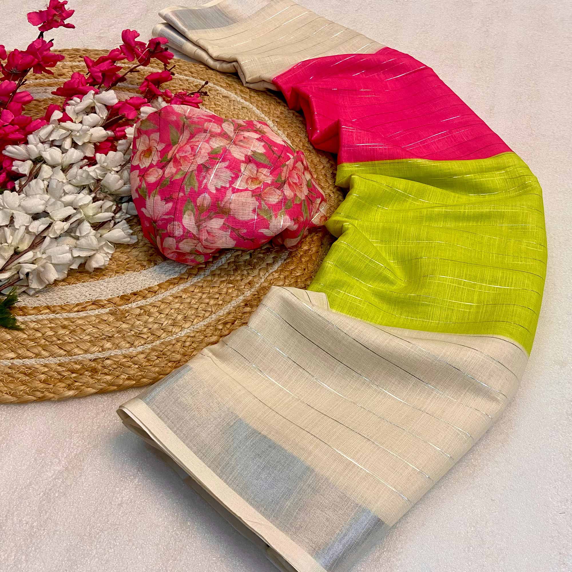 Multicolor Zari Weaving Linen Saree