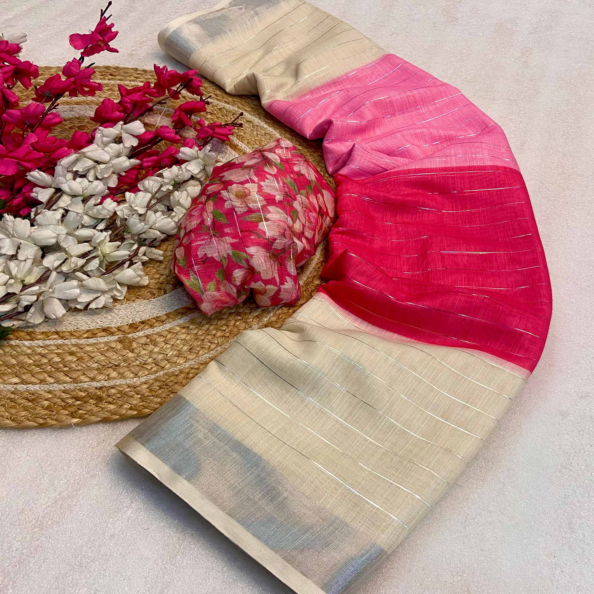 Pink Zari Weaving Linen Saree